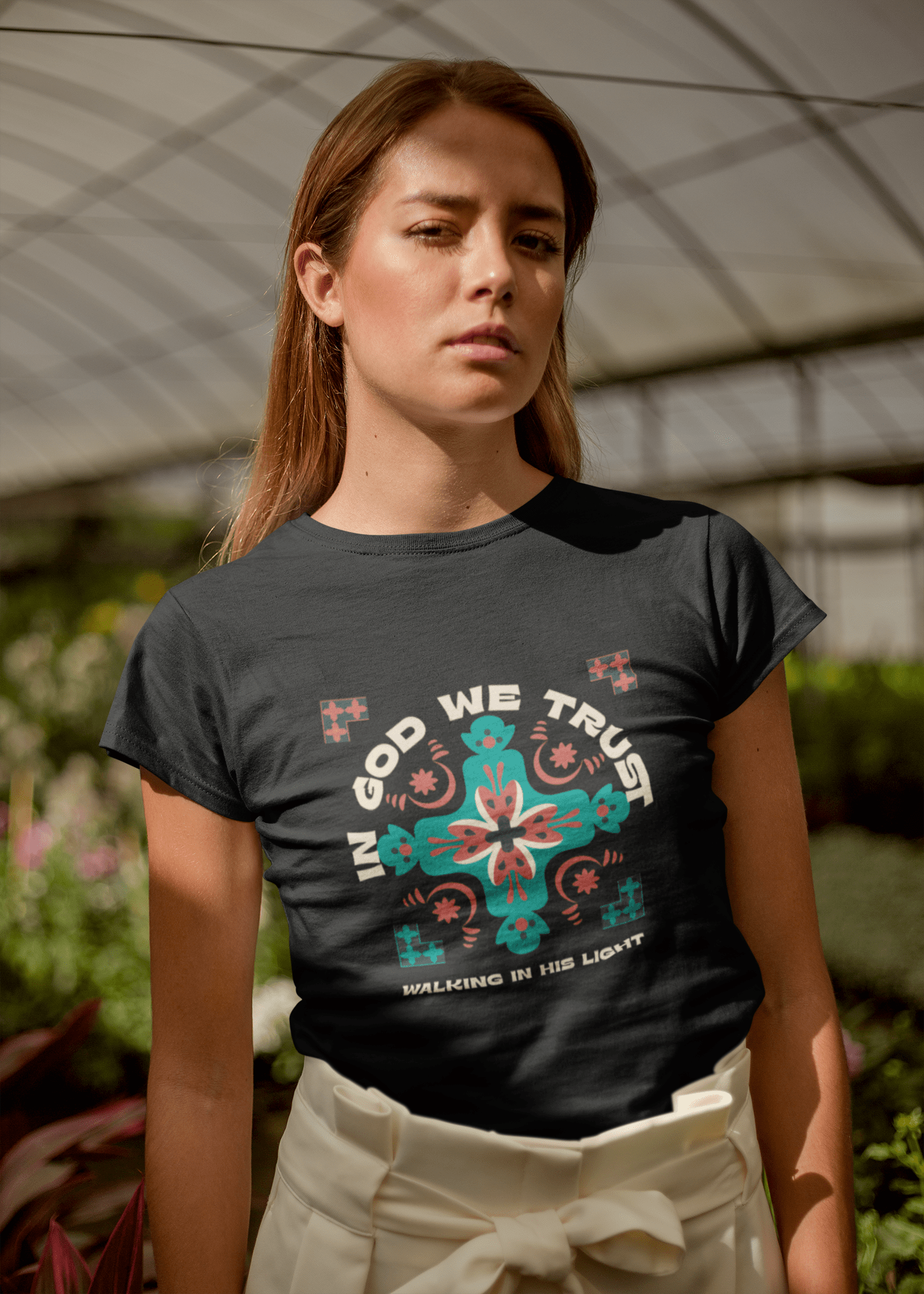 In God We Trust – Women's Relaxed T-Shirt, Walking in His Light, Faith - Inspired Cross Design | Women's T-Shirts – GodSpeed Threads