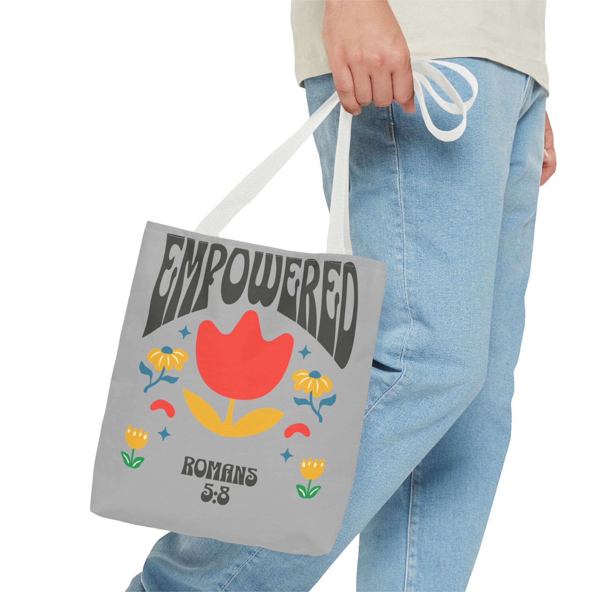 Empowered Floral Tote Bag | Inspirational Canvas Bag for Everyday | Romans 5:8 | Gift for Women, Motivational, Church, Travel