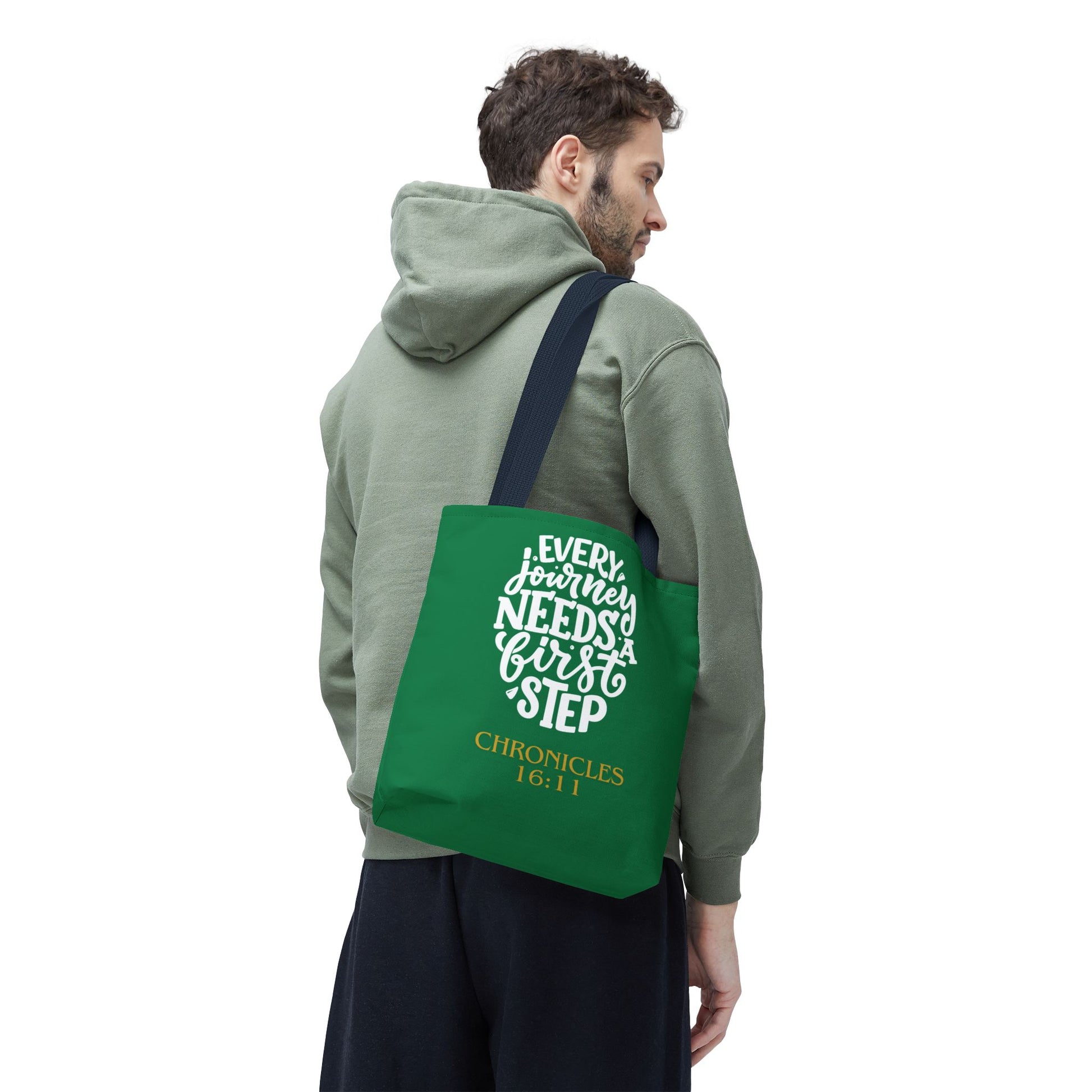 Inspirational Tote Bag - Every Journey Needs a First Step, Motivational Gift, Bible Verse, Green Tote, Everyday Use