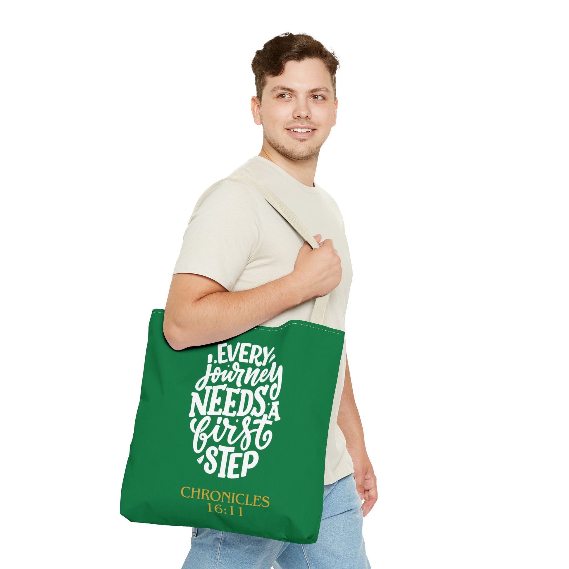 Inspirational Tote Bag - Every Journey Needs a First Step, Motivational Gift, Bible Verse, Green Tote, Everyday Use