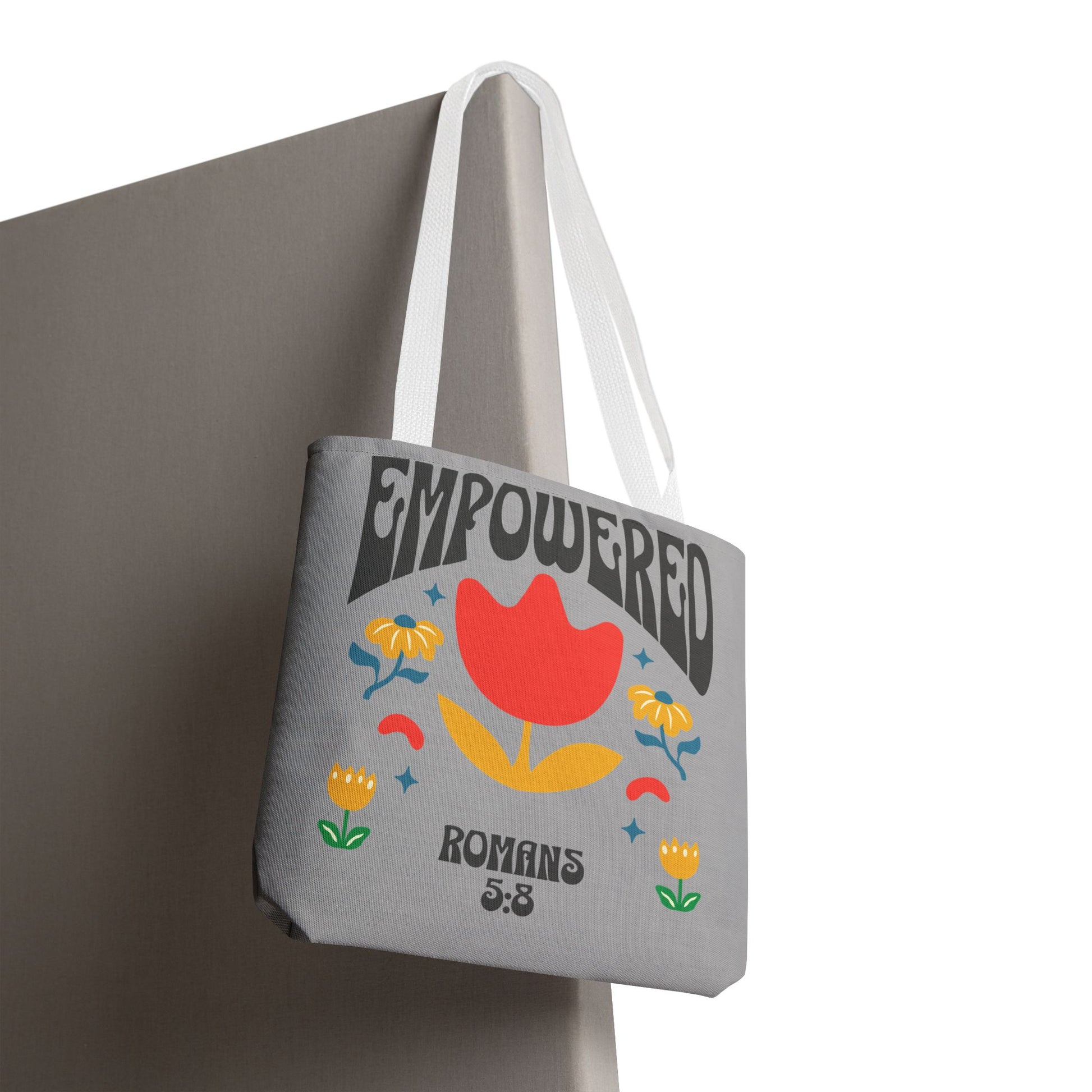 Empowered Floral Tote Bag | Inspirational Canvas Bag for Everyday | Romans 5:8 | Gift for Women, Motivational, Church, Travel