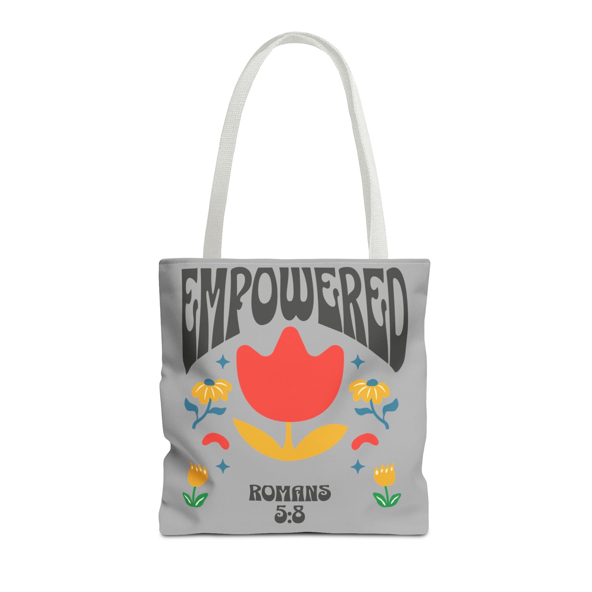 Empowered Floral Tote Bag | Inspirational Canvas Bag for Everyday | Romans 5:8 | Gift for Women, Motivational, Church, Travel