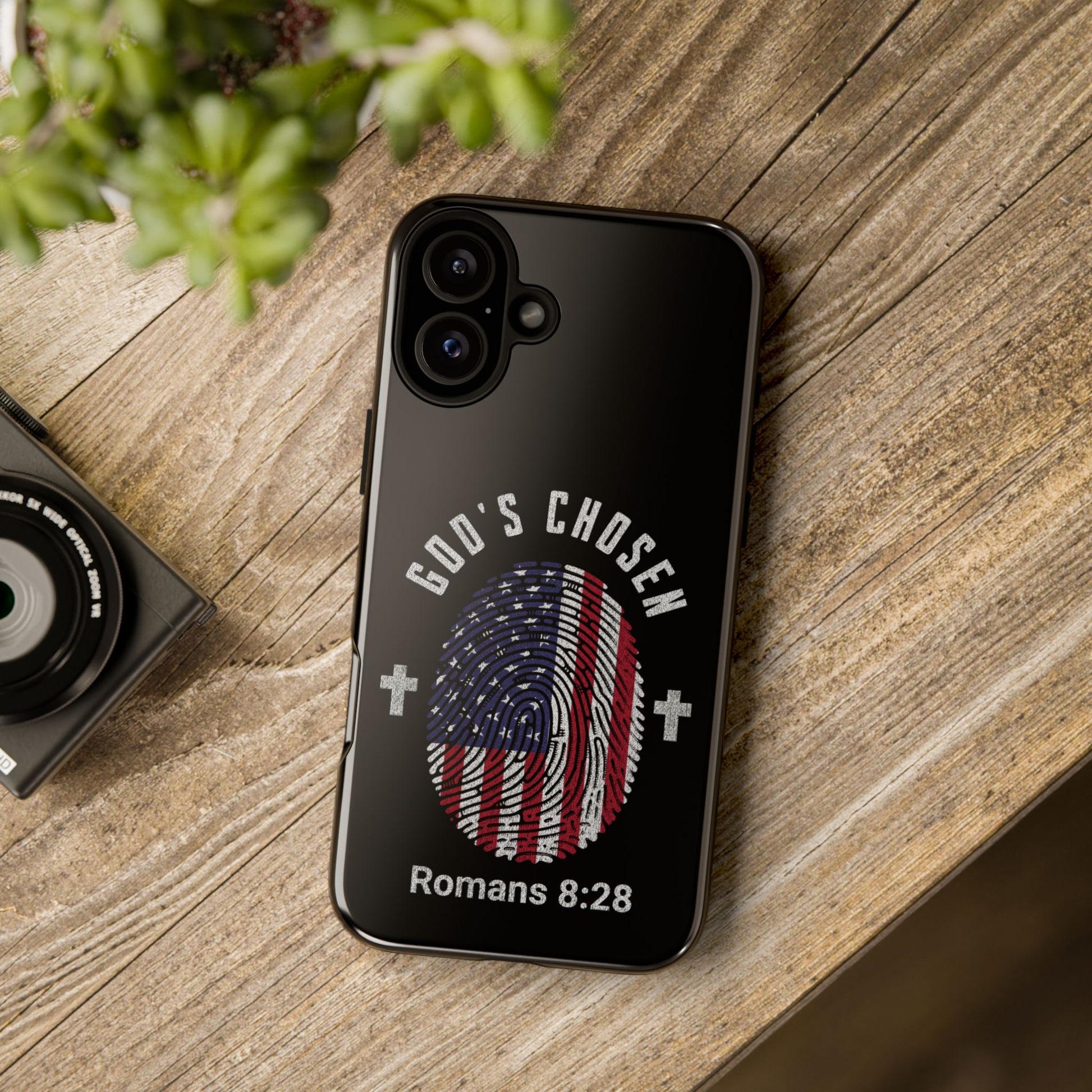 Christian Phone Case, Tough Cases for God’s Chosen, USA Flag Design, Inspirational Gift, Romans 8:28