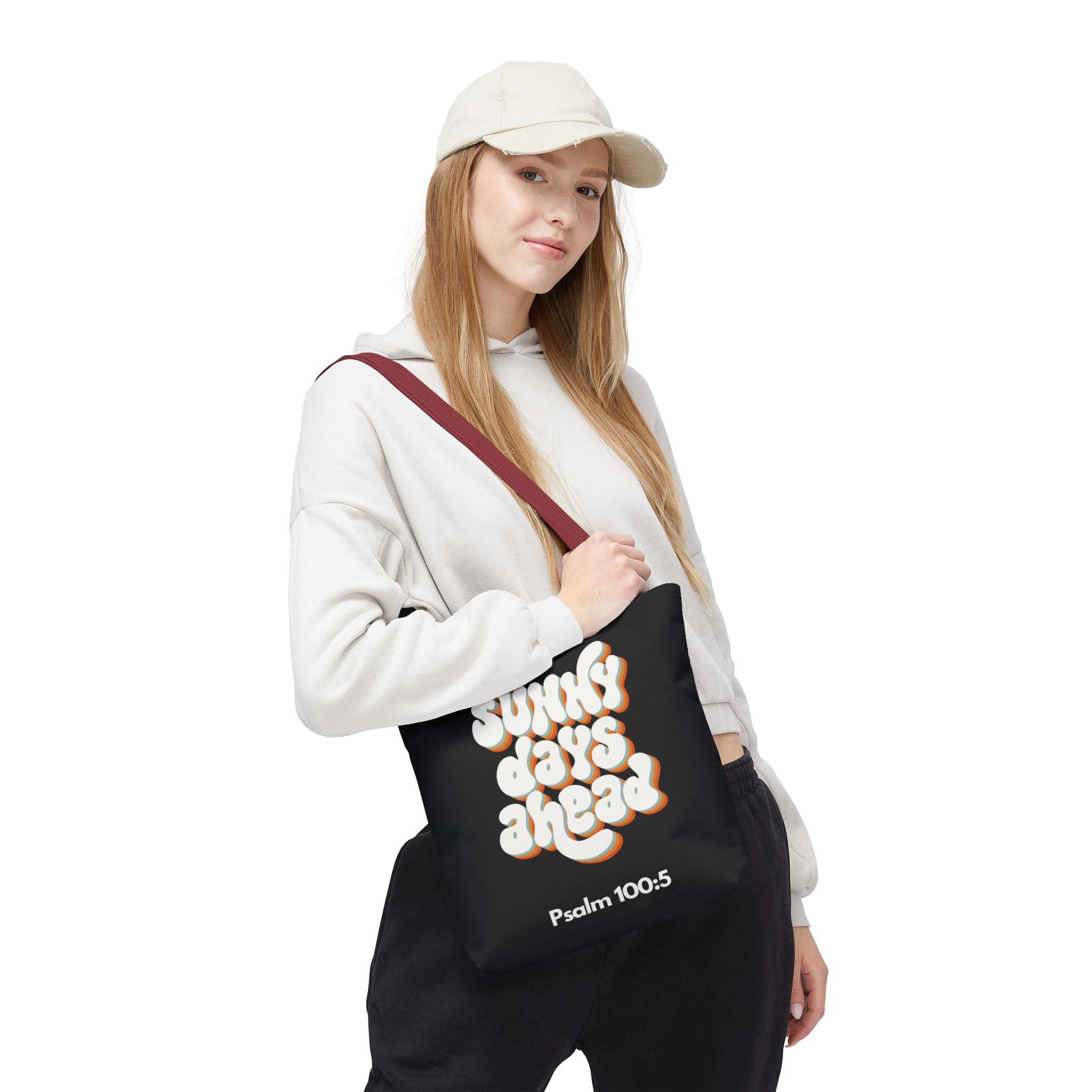 Sunny Days Ahead Tote Bag | Inspirational Tote for Everyday Use, Gift for Friends, Bible Verse Bag, Stylish Black Tote, Psalm 100:5