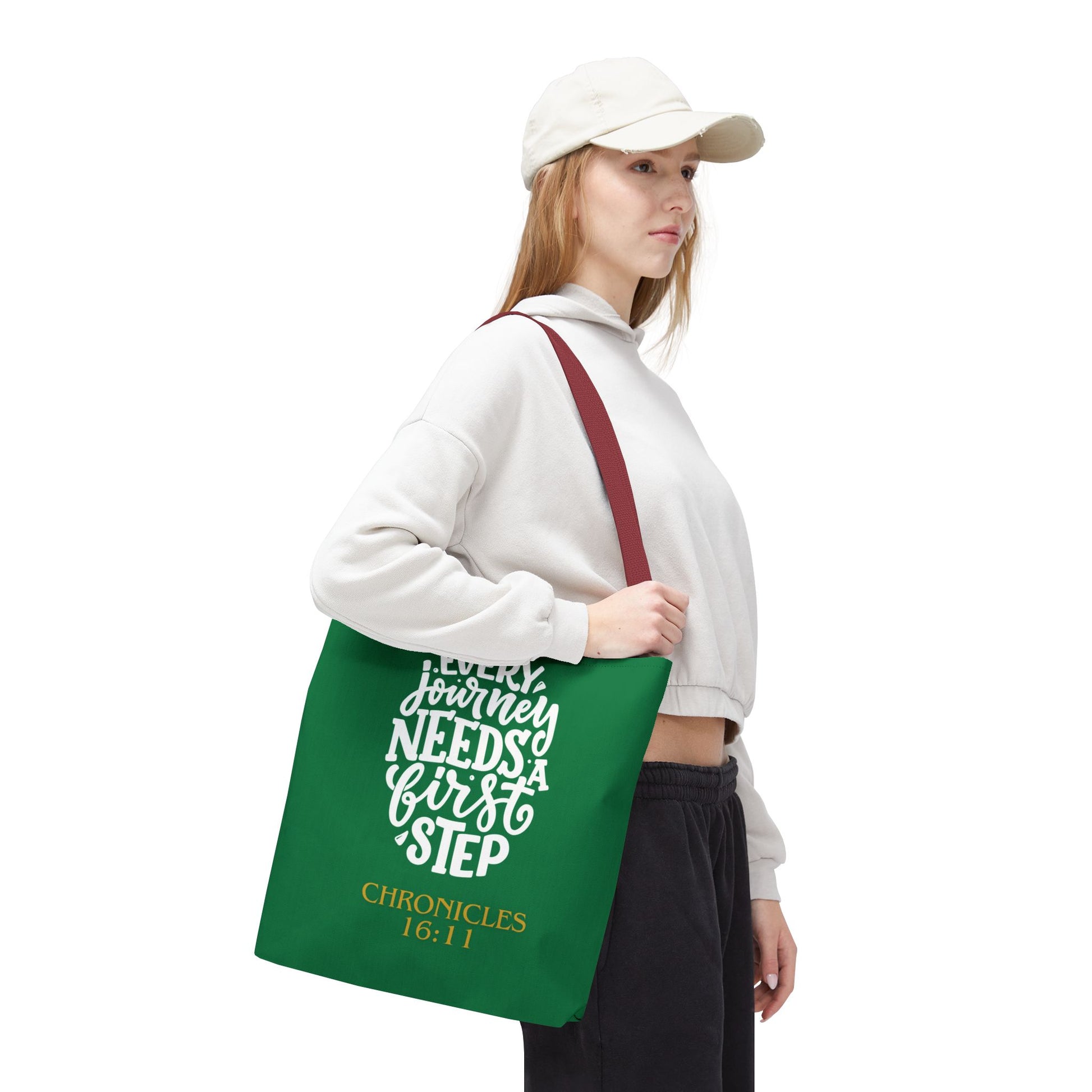 Inspirational Tote Bag - Every Journey Needs a First Step, Motivational Gift, Bible Verse, Green Tote, Everyday Use
