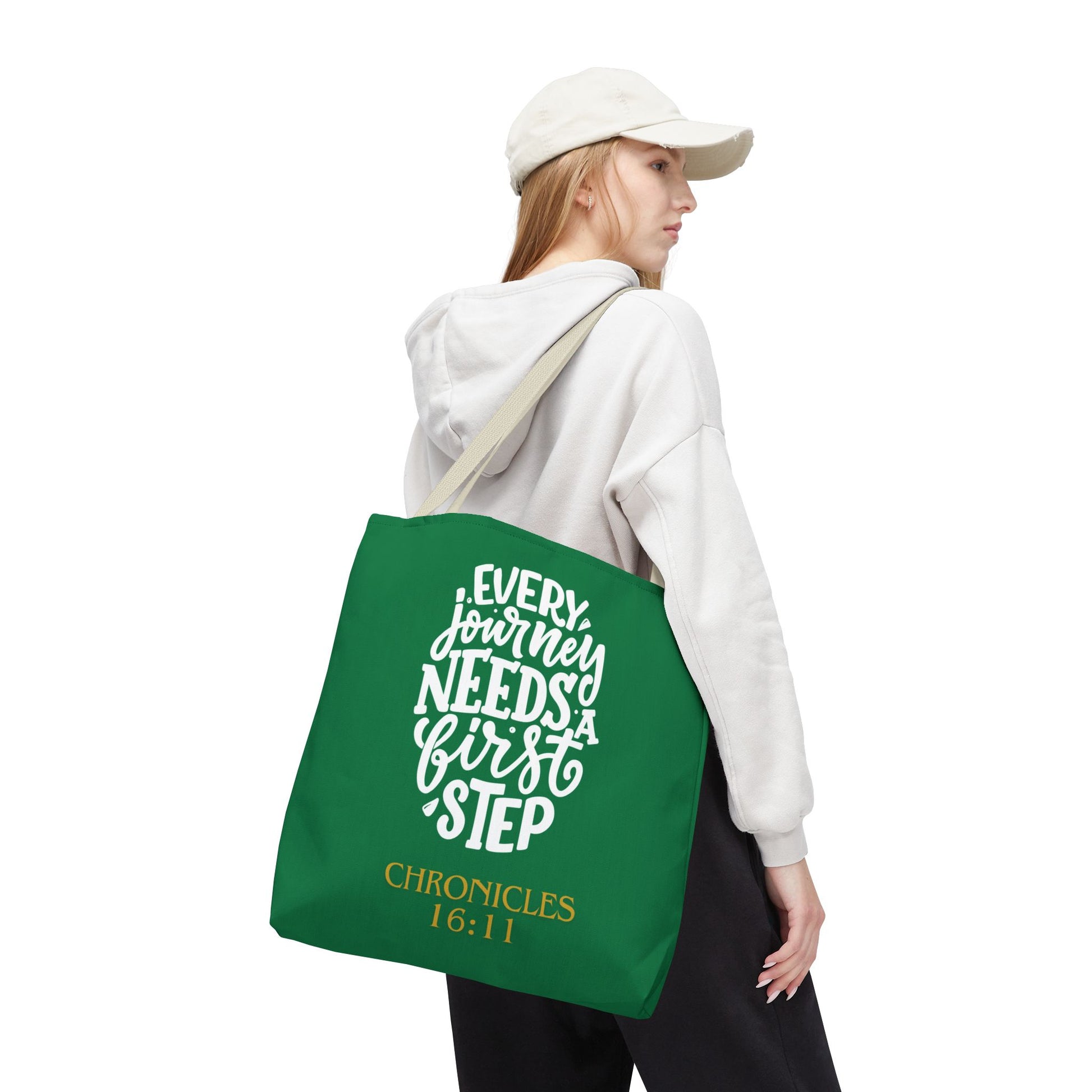 Inspirational Tote Bag - Every Journey Needs a First Step, Motivational Gift, Bible Verse, Green Tote, Everyday Use