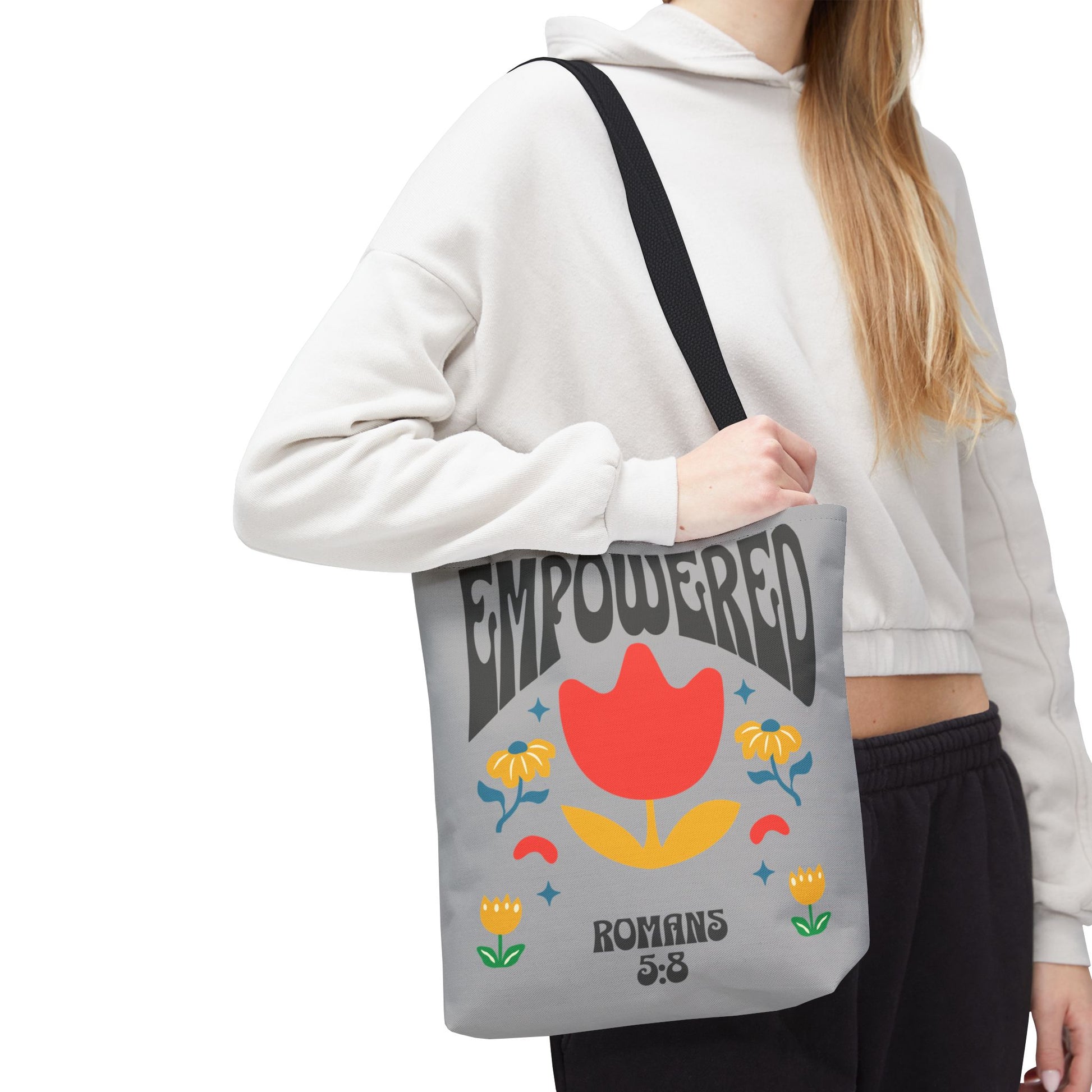 Empowered Floral Tote Bag | Inspirational Canvas Bag for Everyday | Romans 5:8 | Gift for Women, Motivational, Church, Travel