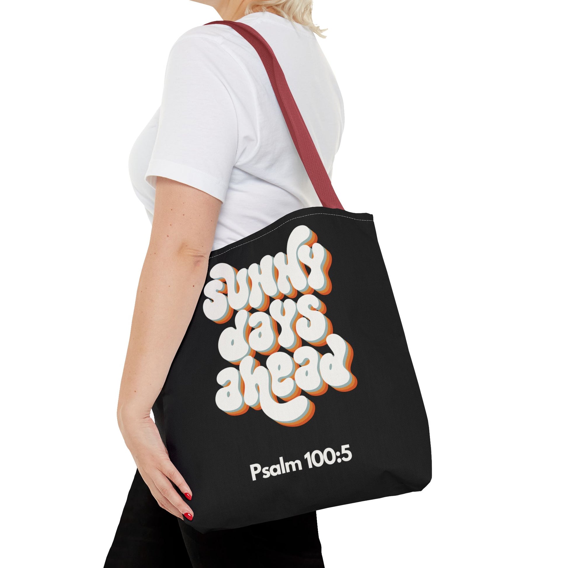 Sunny Days Ahead Tote Bag | Inspirational Tote for Everyday Use, Gift for Friends, Bible Verse Bag, Stylish Black Tote, Psalm 100:5