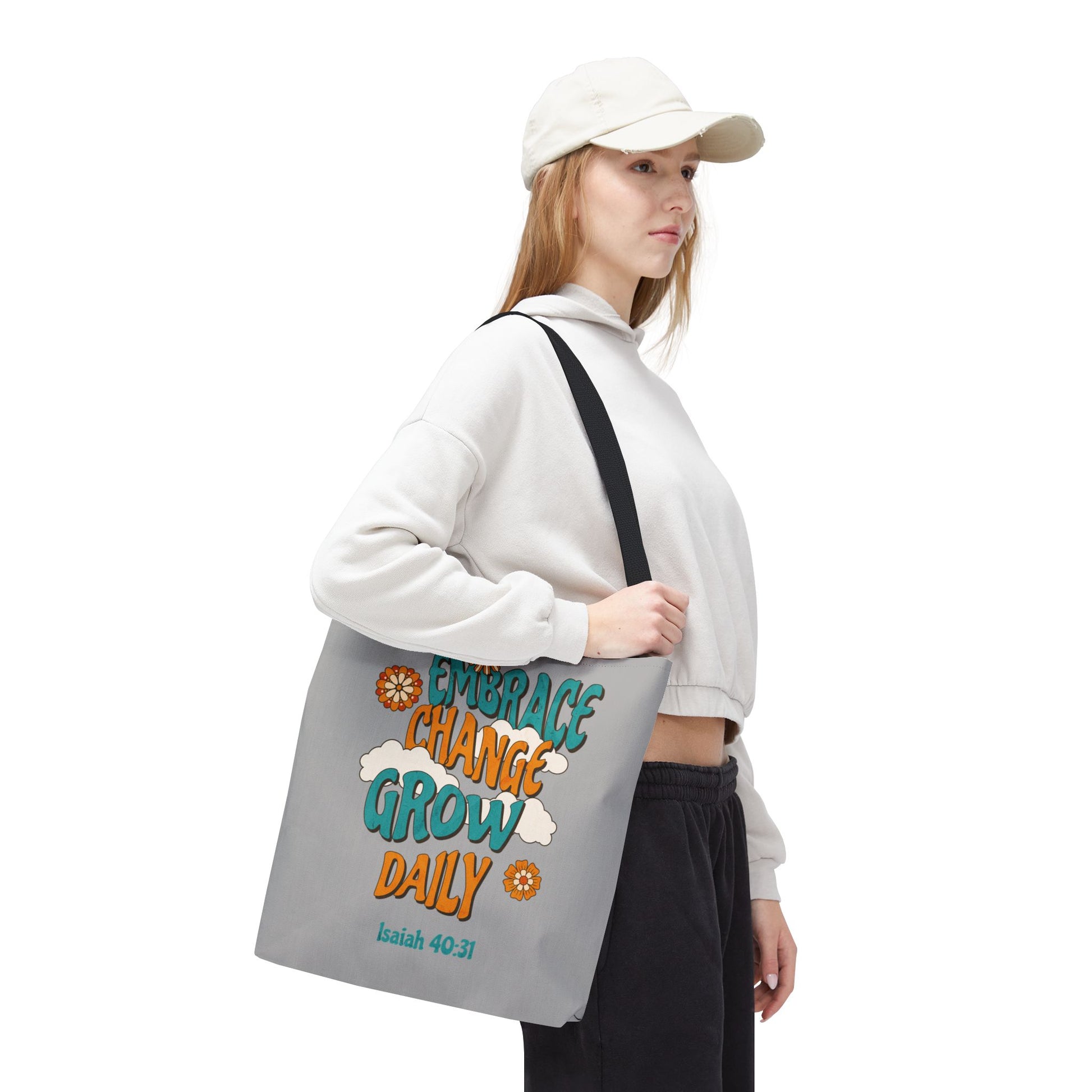 Inspirational Tote Bag, Motivational Bag, Embrace Change Gift, Daily Growth Tote, Christian Quotes Accessory