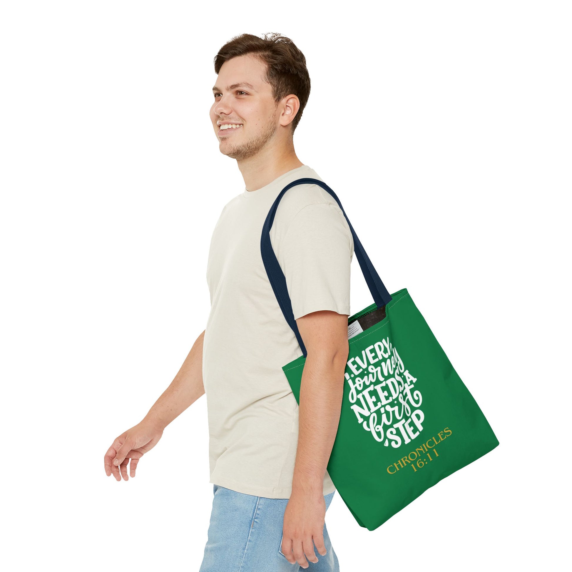 Inspirational Tote Bag - Every Journey Needs a First Step, Motivational Gift, Bible Verse, Green Tote, Everyday Use