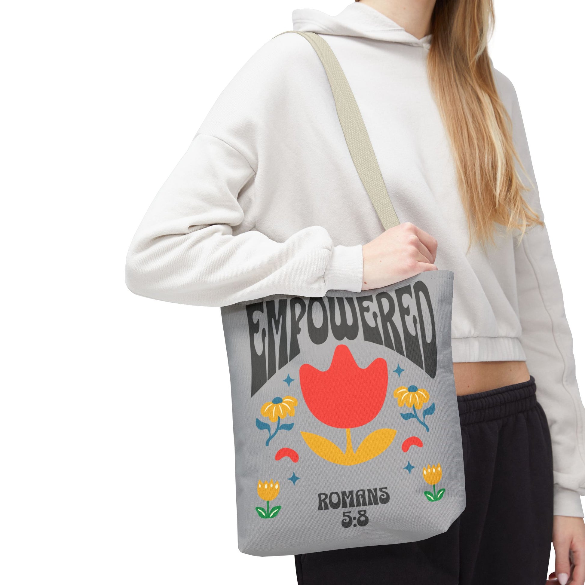 Empowered Floral Tote Bag | Inspirational Canvas Bag for Everyday | Romans 5:8 | Gift for Women, Motivational, Church, Travel