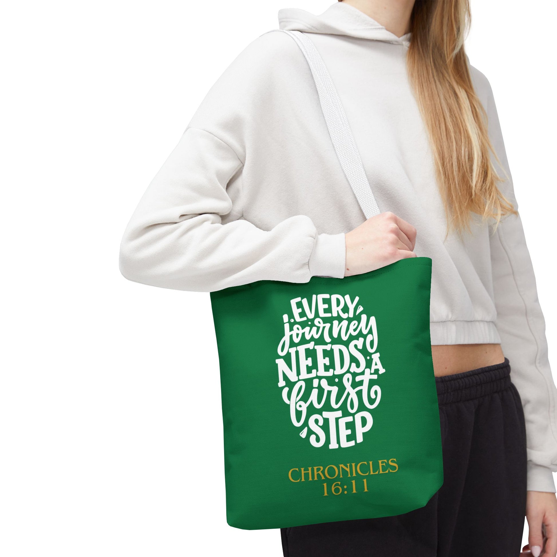 Inspirational Tote Bag - Every Journey Needs a First Step, Motivational Gift, Bible Verse, Green Tote, Everyday Use