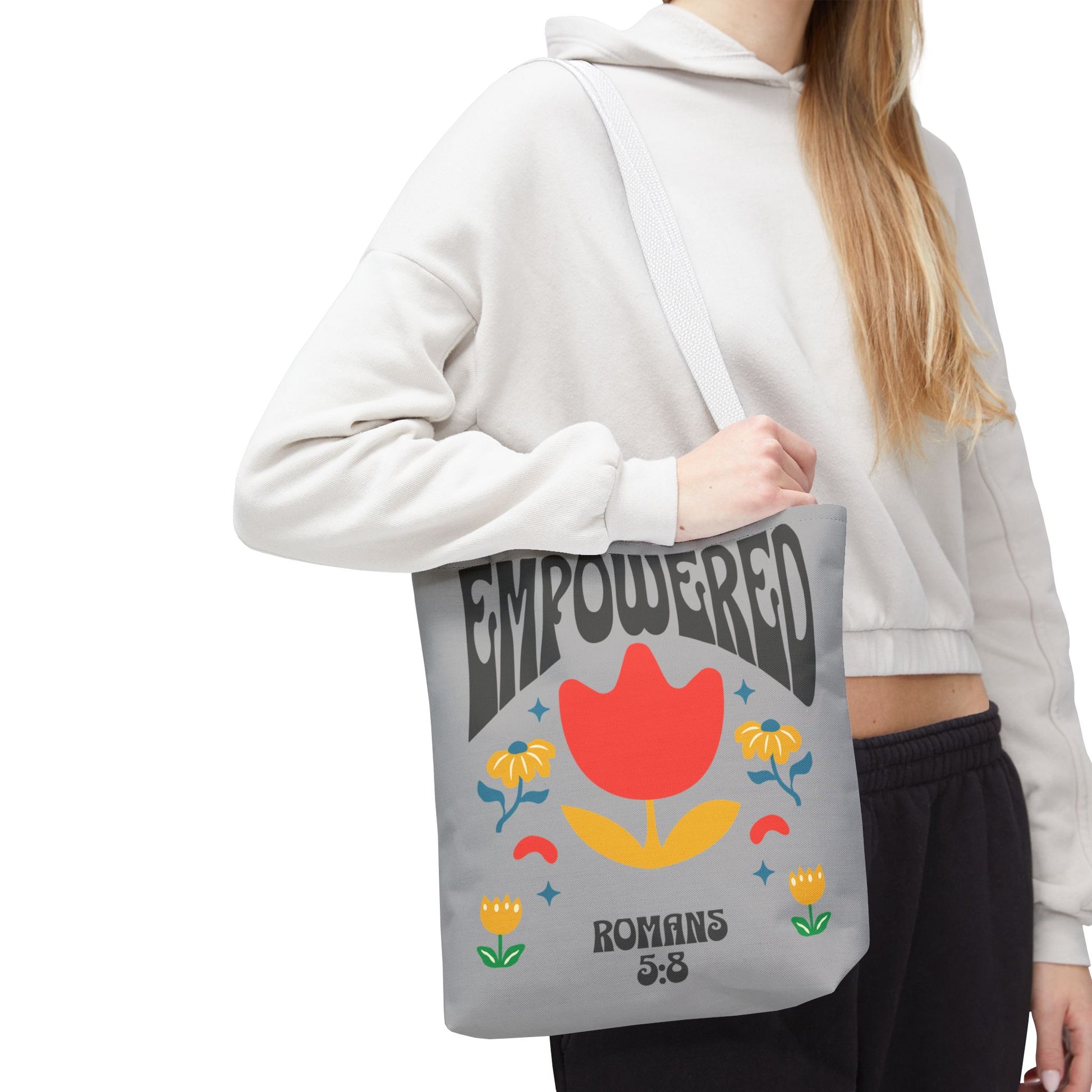Empowered Floral Tote Bag | Inspirational Canvas Bag for Everyday | Romans 5:8 | Gift for Women, Motivational, Church, Travel