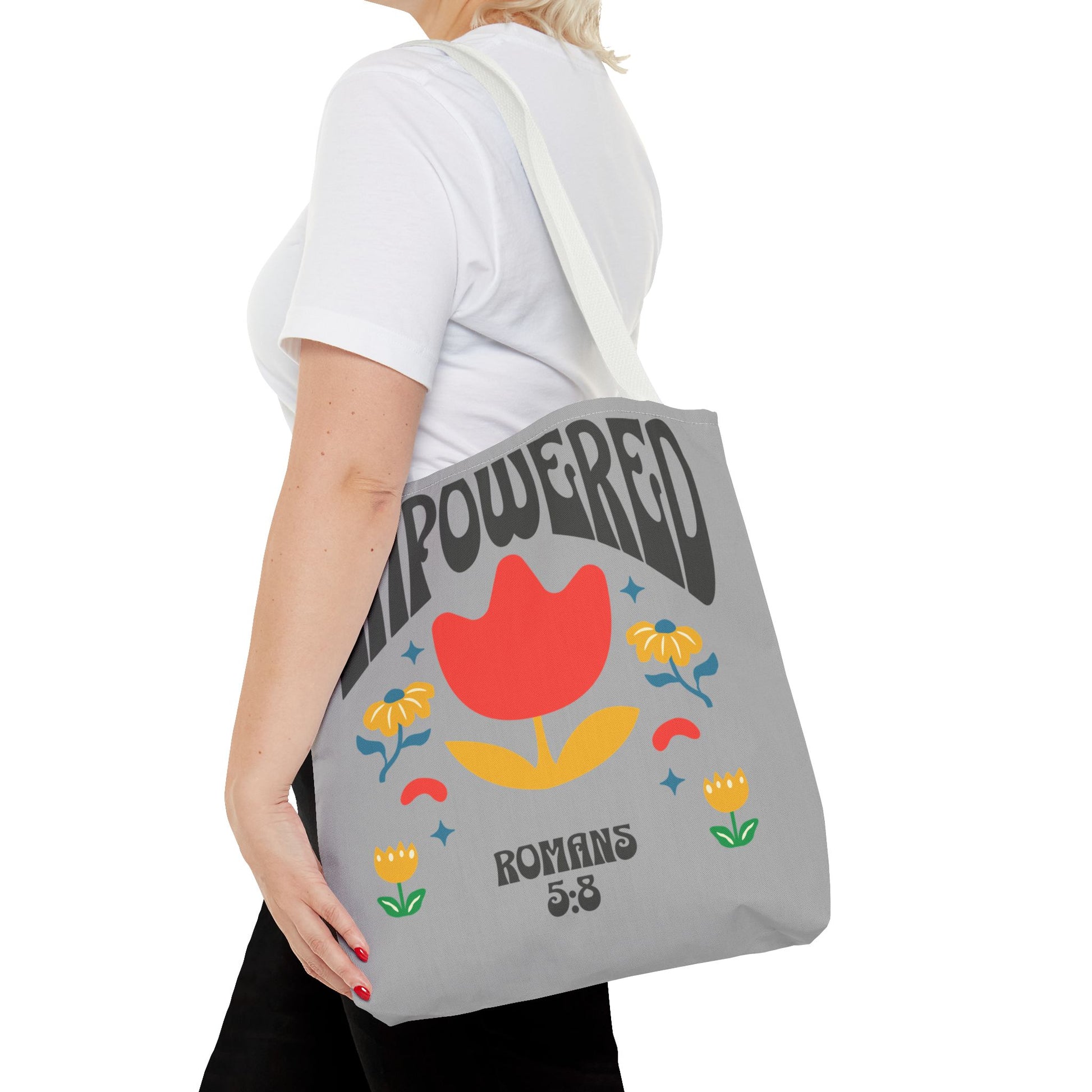 Empowered Floral Tote Bag | Inspirational Canvas Bag for Everyday | Romans 5:8 | Gift for Women, Motivational, Church, Travel