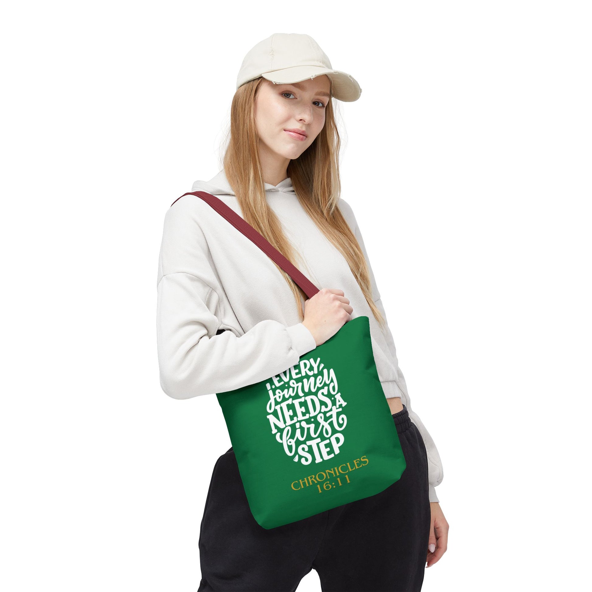 Inspirational Tote Bag - Every Journey Needs a First Step, Motivational Gift, Bible Verse, Green Tote, Everyday Use