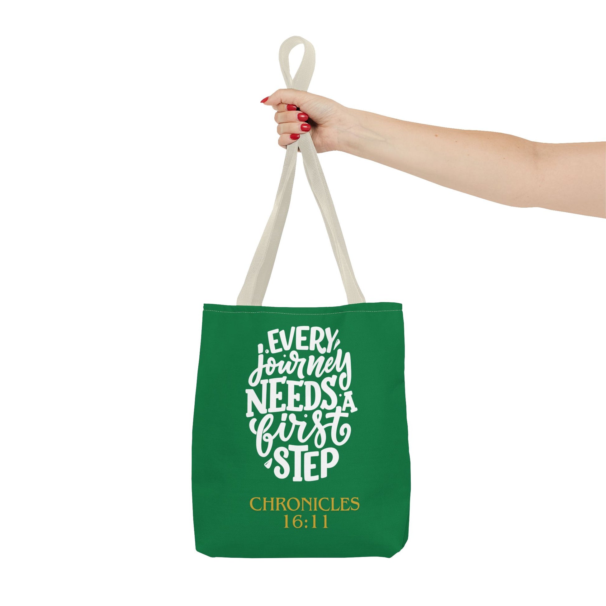 Inspirational Tote Bag - Every Journey Needs a First Step, Motivational Gift, Bible Verse, Green Tote, Everyday Use