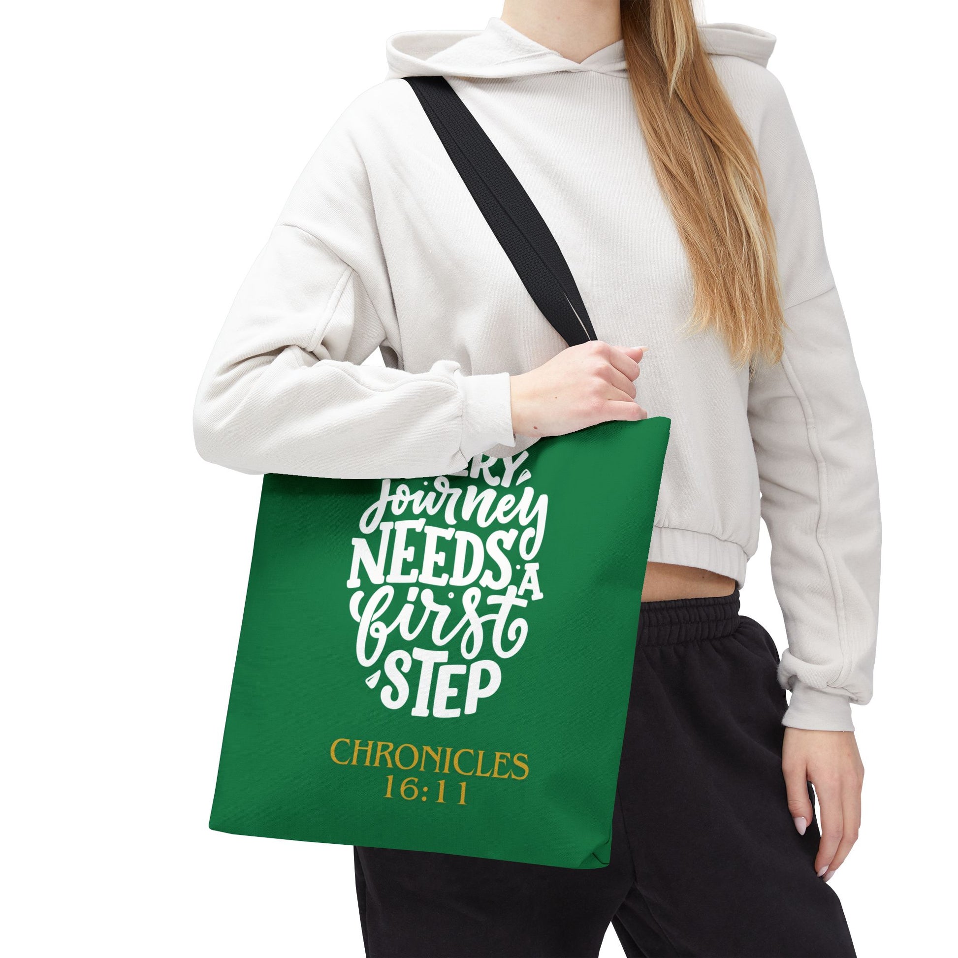 Inspirational Tote Bag - Every Journey Needs a First Step, Motivational Gift, Bible Verse, Green Tote, Everyday Use