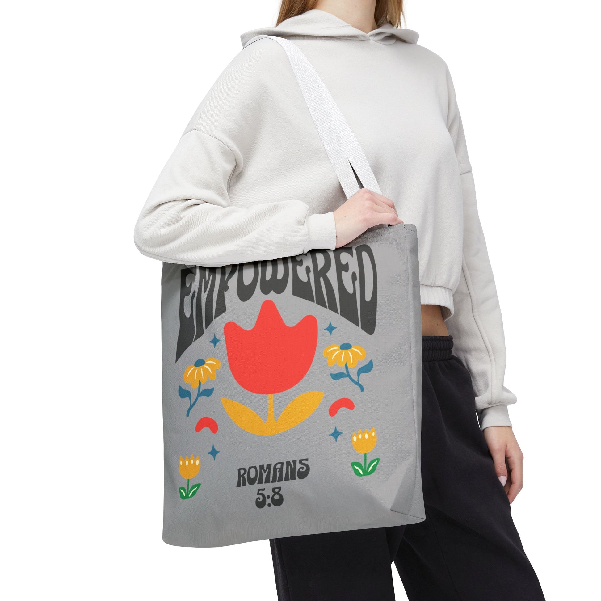 Empowered Floral Tote Bag | Inspirational Canvas Bag for Everyday | Romans 5:8 | Gift for Women, Motivational, Church, Travel