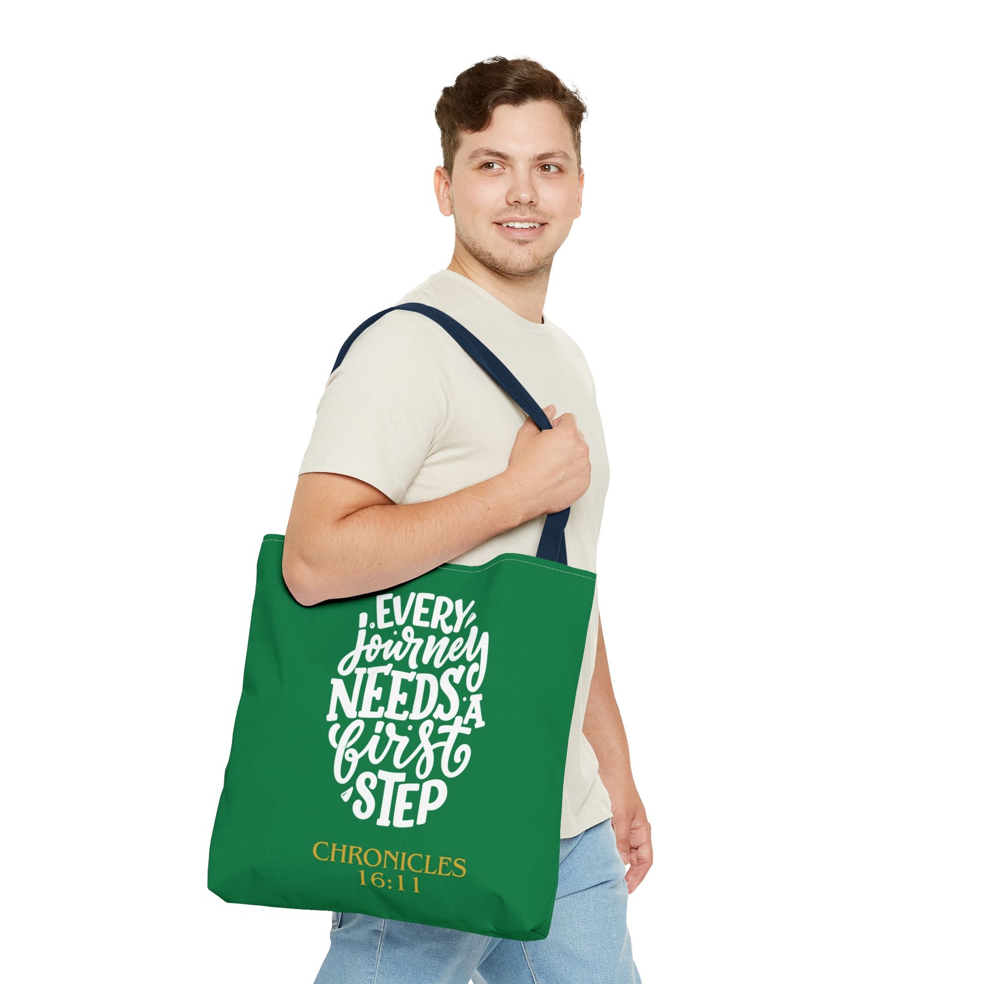Inspirational Tote Bag - Every Journey Needs a First Step, Motivational Gift, Bible Verse, Green Tote, Everyday Use