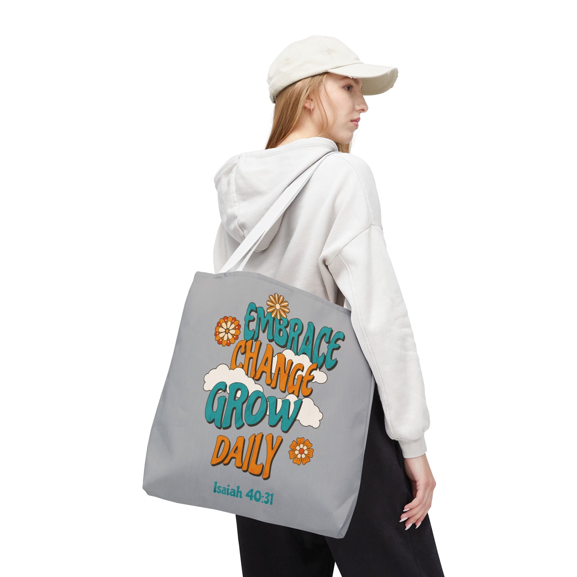Inspirational Tote Bag, Motivational Bag, Embrace Change Gift, Daily Growth Tote, Christian Quotes Accessory
