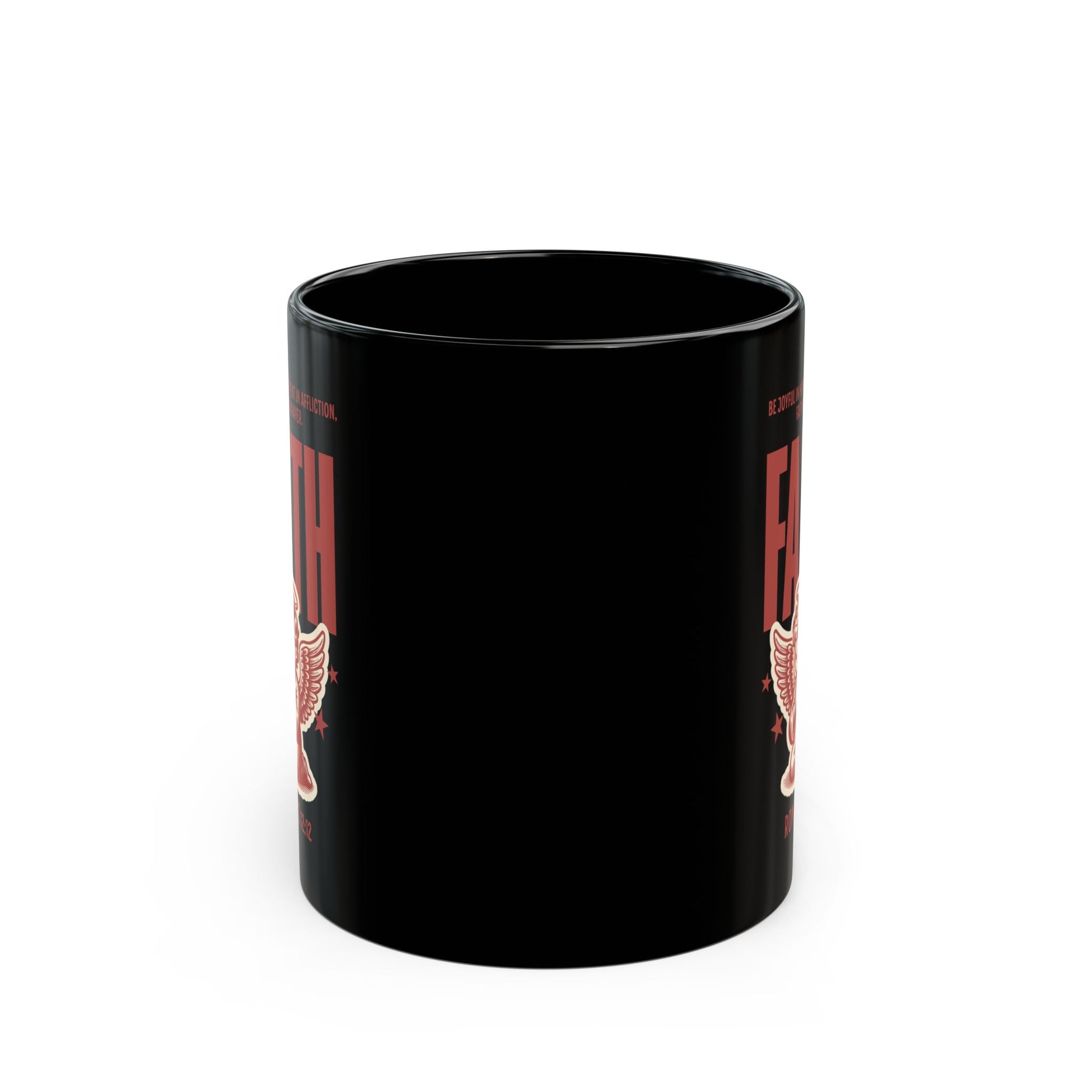 Black Mug (11oz, 15oz) - Faith Romans 12:12 Mug – Be Joyful in Hope, Patient in Affliction