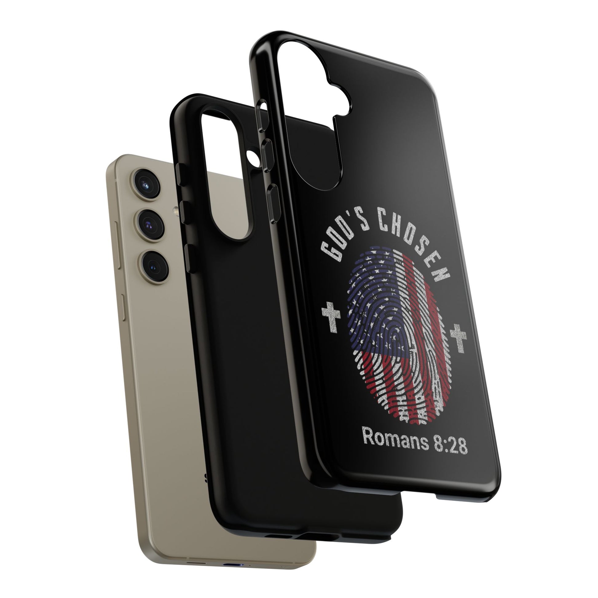 Christian Phone Case, Tough Cases for God’s Chosen, USA Flag Design, Inspirational Gift, Romans 8:28