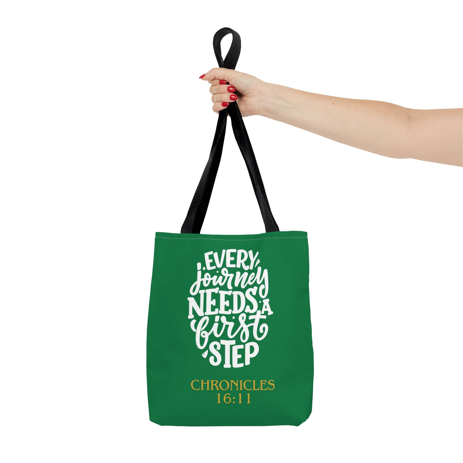 Inspirational Tote Bag - Every Journey Needs a First Step, Motivational Gift, Bible Verse, Green Tote, Everyday Use