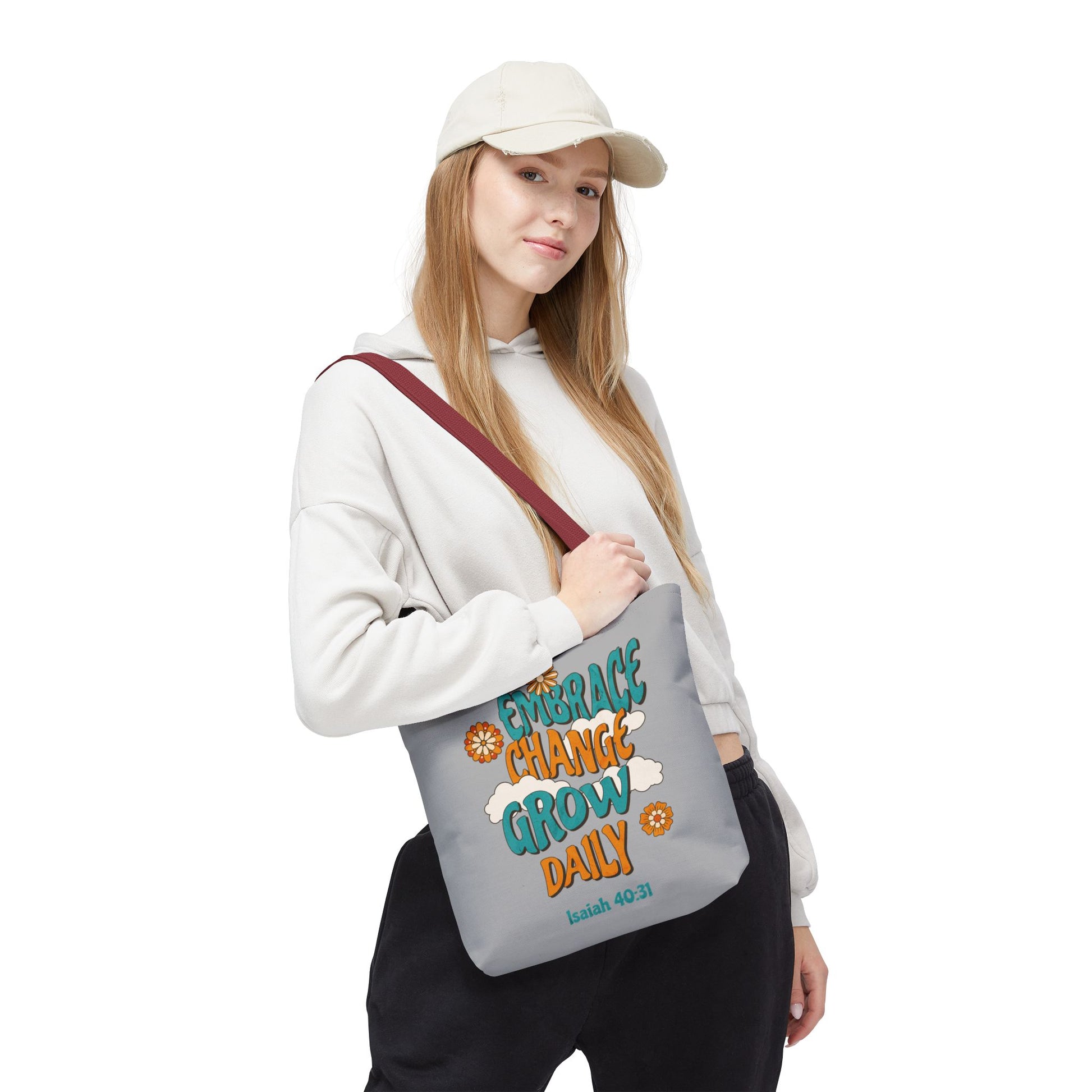 Inspirational Tote Bag, Motivational Bag, Embrace Change Gift, Daily Growth Tote, Christian Quotes Accessory