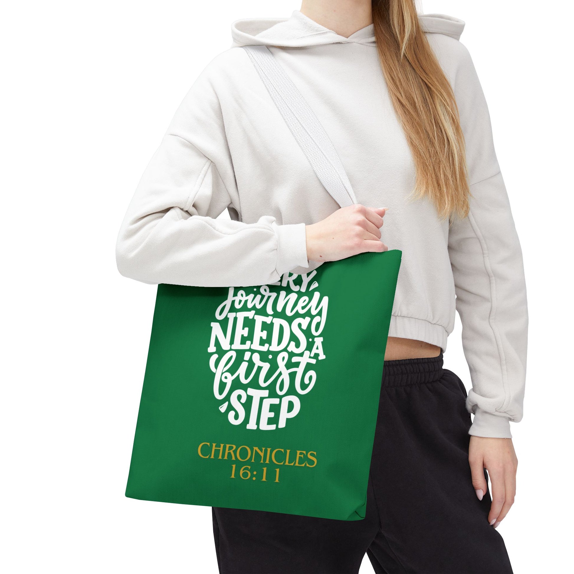 Inspirational Tote Bag - Every Journey Needs a First Step, Motivational Gift, Bible Verse, Green Tote, Everyday Use