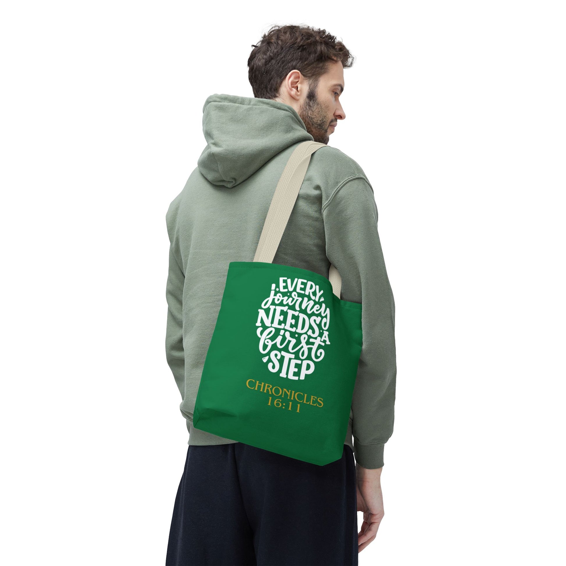 Inspirational Tote Bag - Every Journey Needs a First Step, Motivational Gift, Bible Verse, Green Tote, Everyday Use