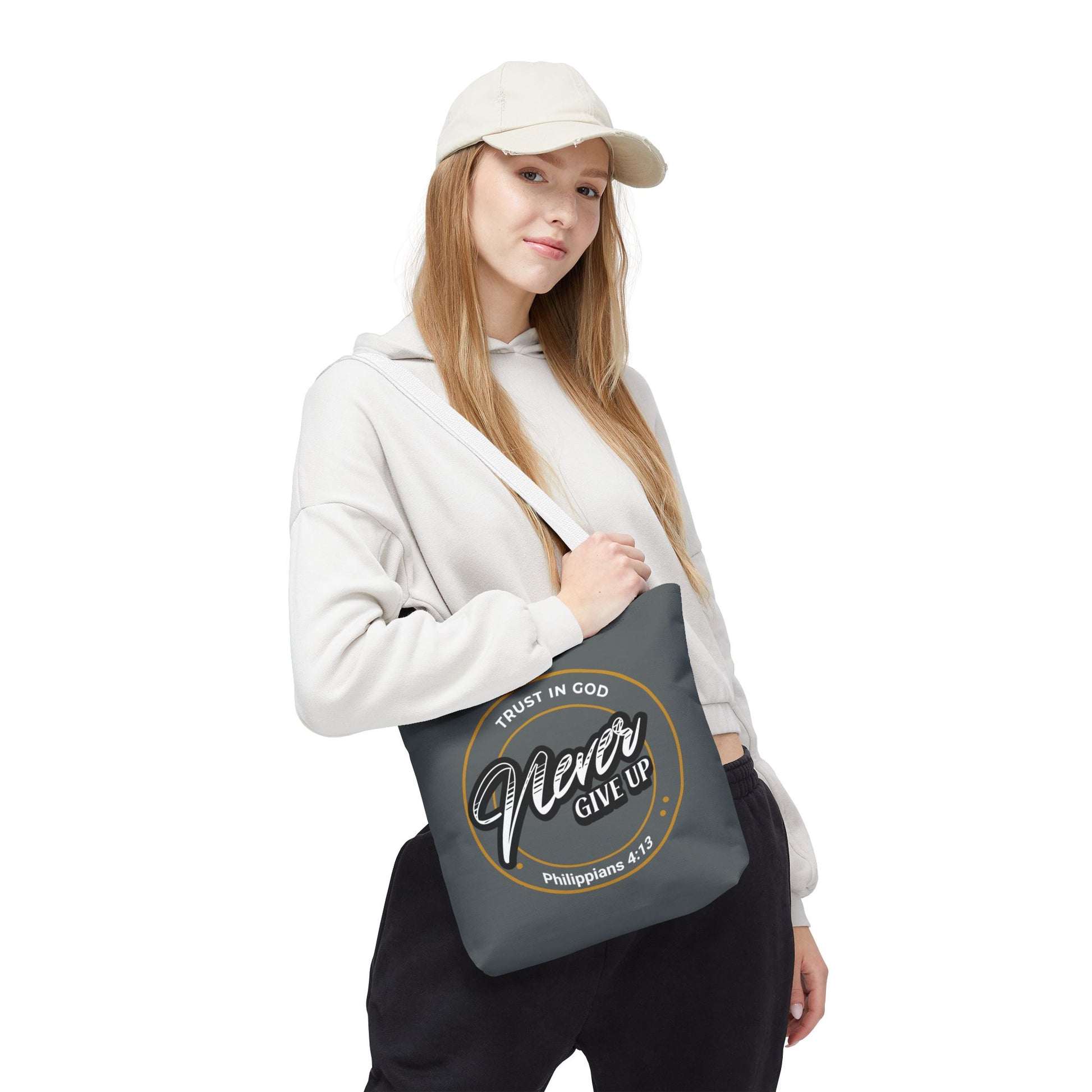 Inspirational Tote Bag, Trust in God, Never Give Up, Bible Verse Bag, Motivational Purse, Christian Gift, Philippians 4:13