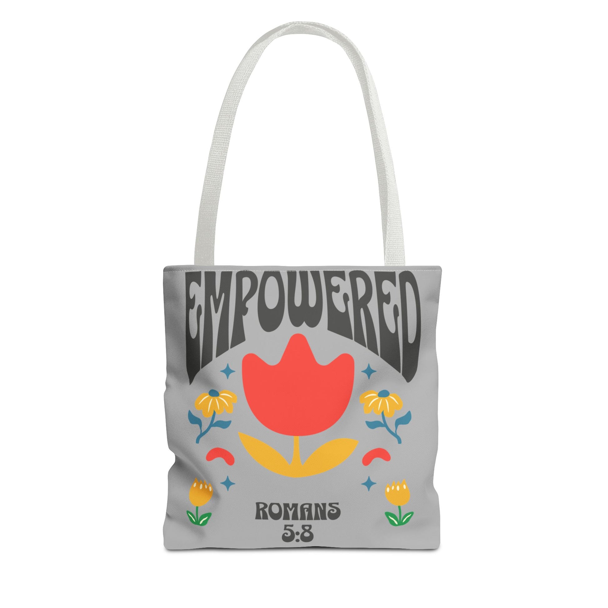 Empowered Floral Tote Bag | Inspirational Canvas Bag for Everyday | Romans 5:8 | Gift for Women, Motivational, Church, Travel