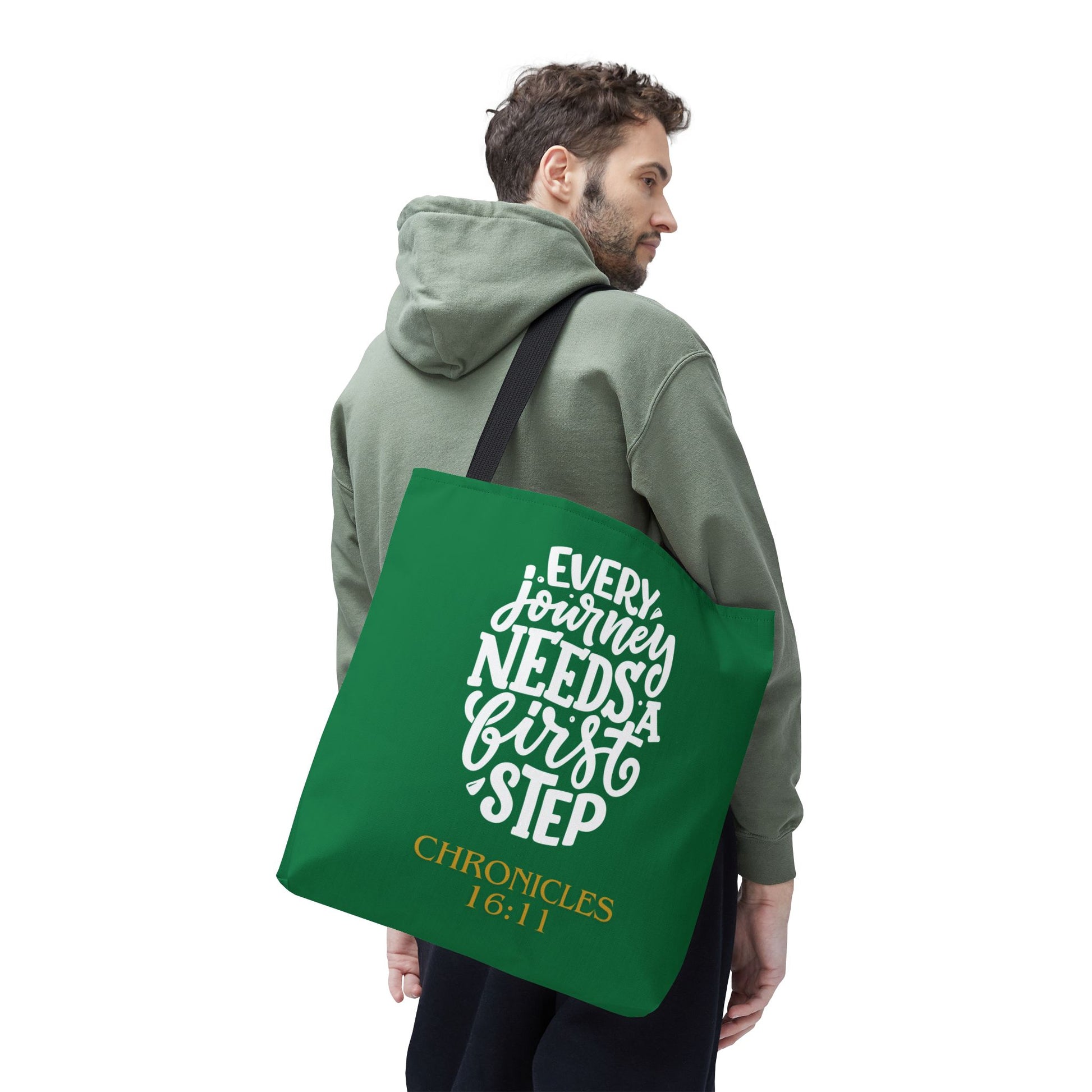 Inspirational Tote Bag - Every Journey Needs a First Step, Motivational Gift, Bible Verse, Green Tote, Everyday Use