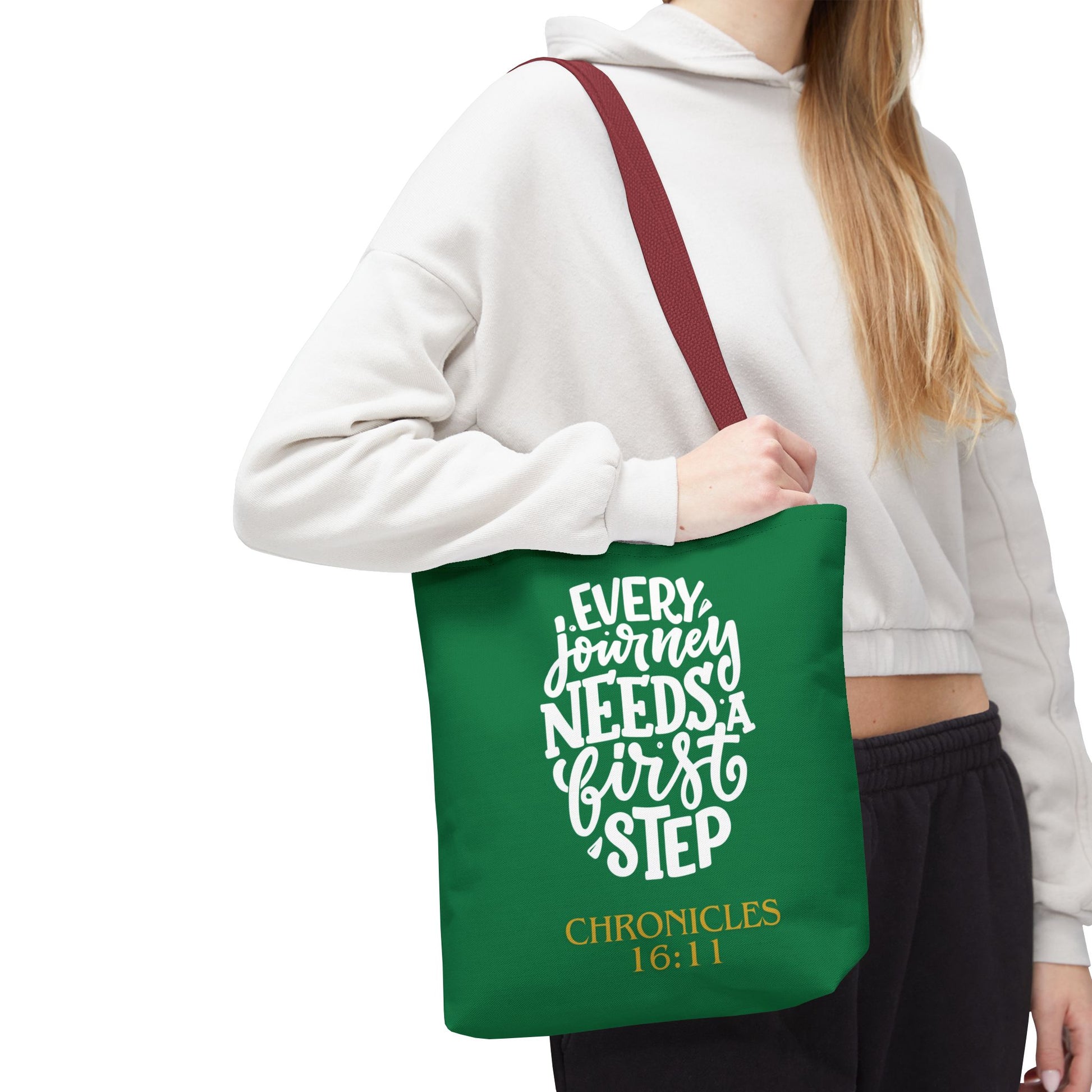 Inspirational Tote Bag - Every Journey Needs a First Step, Motivational Gift, Bible Verse, Green Tote, Everyday Use
