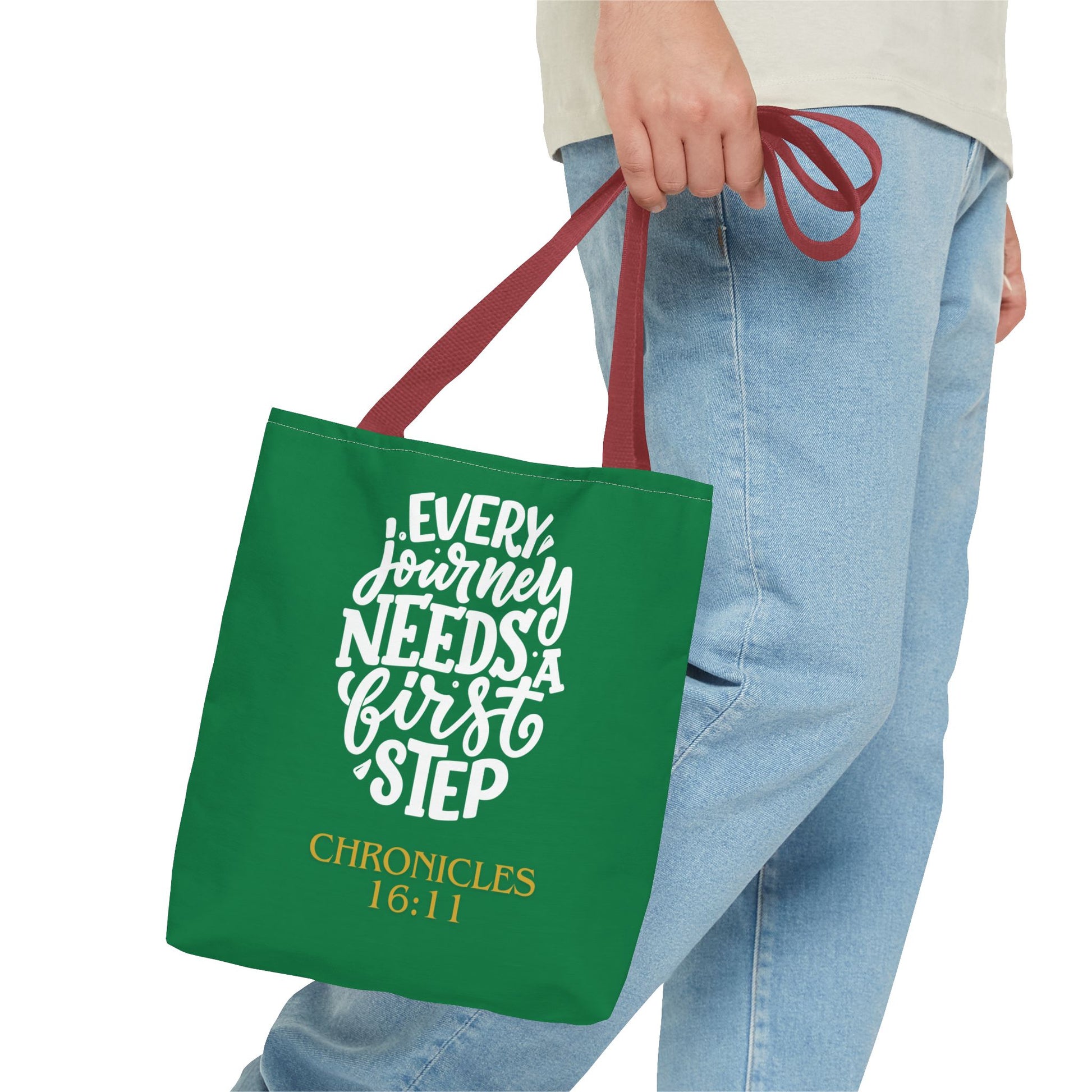 Inspirational Tote Bag - Every Journey Needs a First Step, Motivational Gift, Bible Verse, Green Tote, Everyday Use
