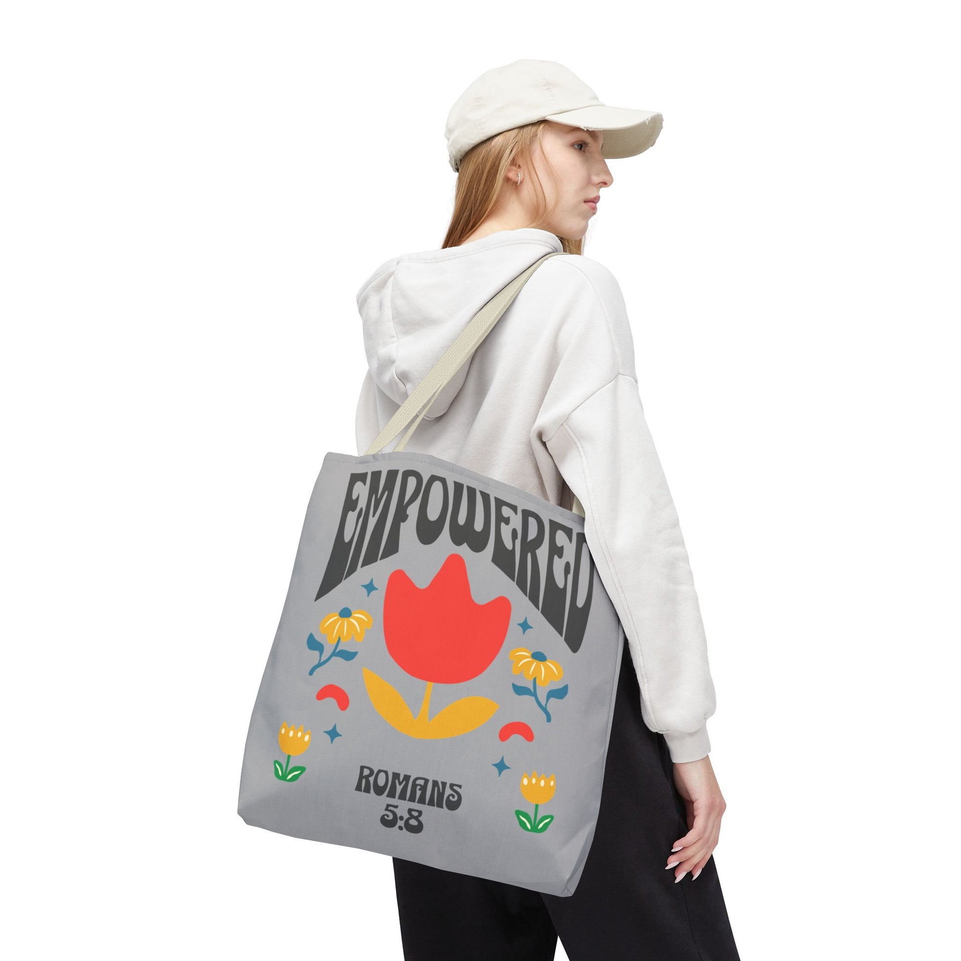 Empowered Floral Tote Bag | Inspirational Canvas Bag for Everyday | Romans 5:8 | Gift for Women, Motivational, Church, Travel