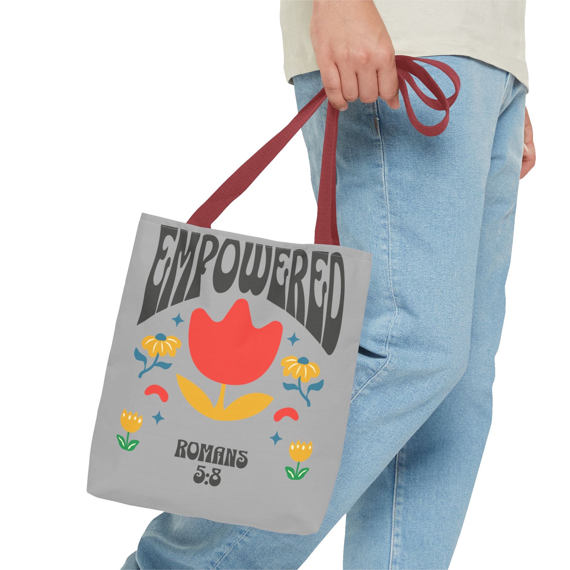 Empowered Floral Tote Bag | Inspirational Canvas Bag for Everyday | Romans 5:8 | Gift for Women, Motivational, Church, Travel