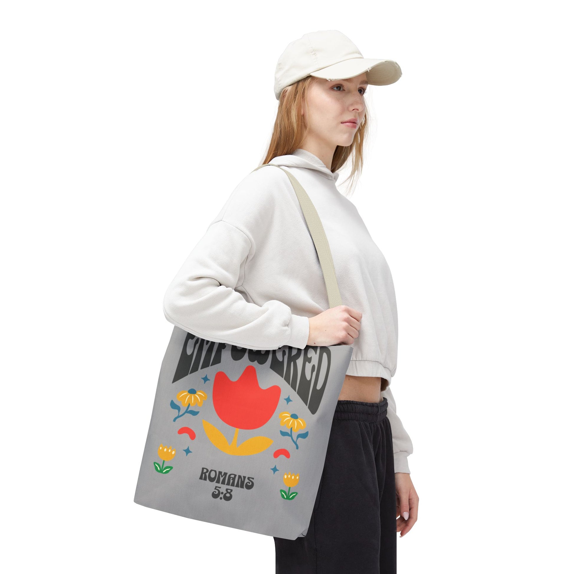 Empowered Floral Tote Bag | Inspirational Canvas Bag for Everyday | Romans 5:8 | Gift for Women, Motivational, Church, Travel