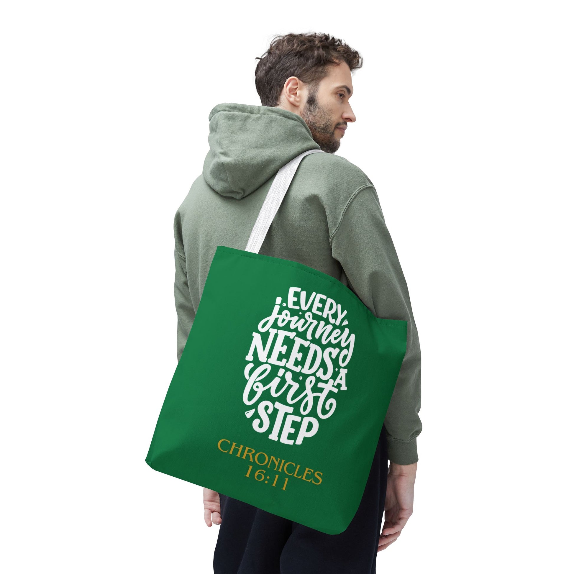 Inspirational Tote Bag - Every Journey Needs a First Step, Motivational Gift, Bible Verse, Green Tote, Everyday Use