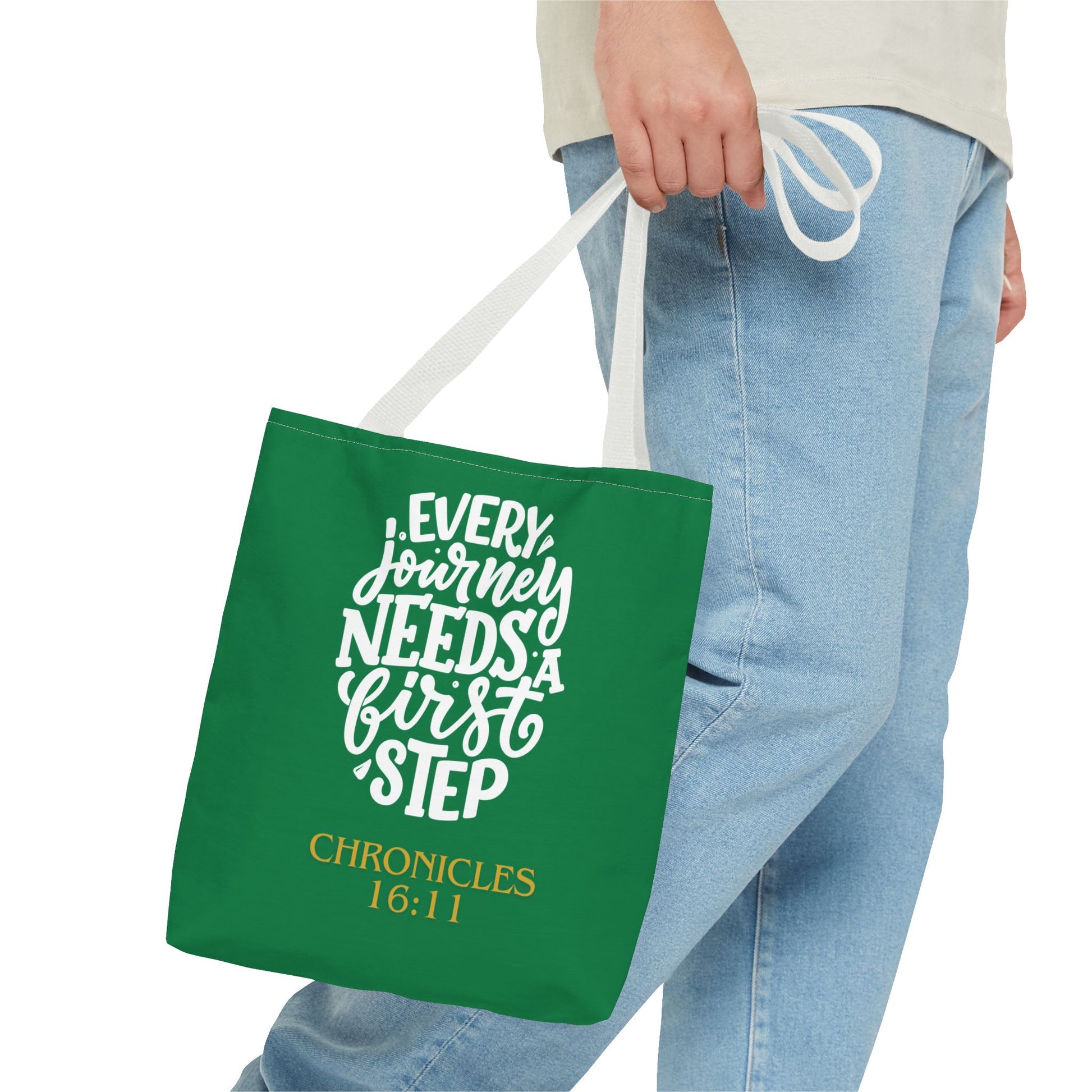 Inspirational Tote Bag - Every Journey Needs a First Step, Motivational Gift, Bible Verse, Green Tote, Everyday Use