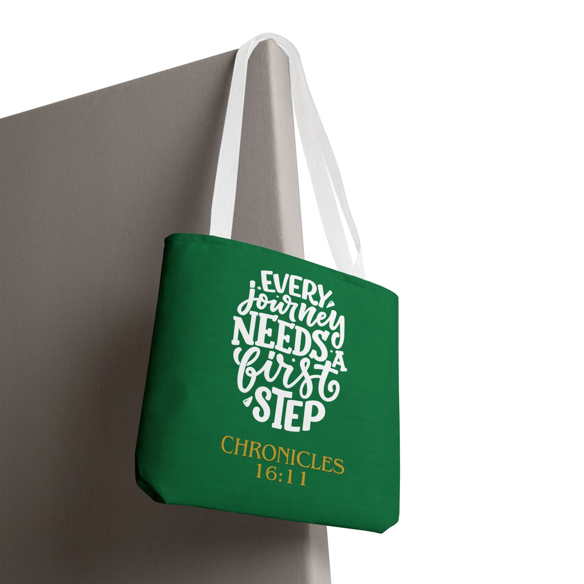 Inspirational Tote Bag - Every Journey Needs a First Step, Motivational Gift, Bible Verse, Green Tote, Everyday Use