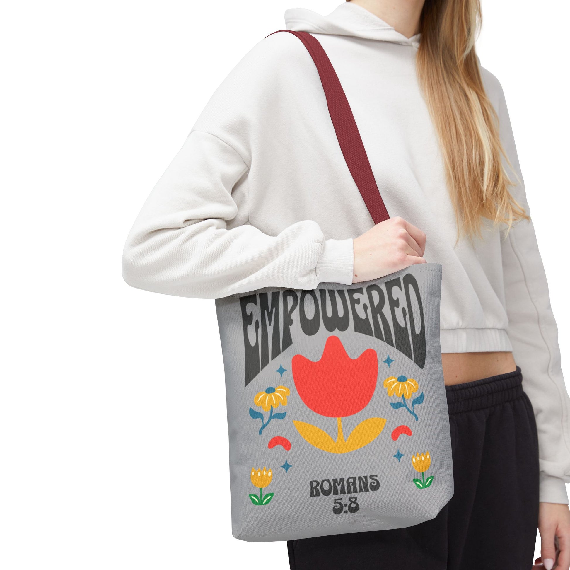 Empowered Floral Tote Bag | Inspirational Canvas Bag for Everyday | Romans 5:8 | Gift for Women, Motivational, Church, Travel