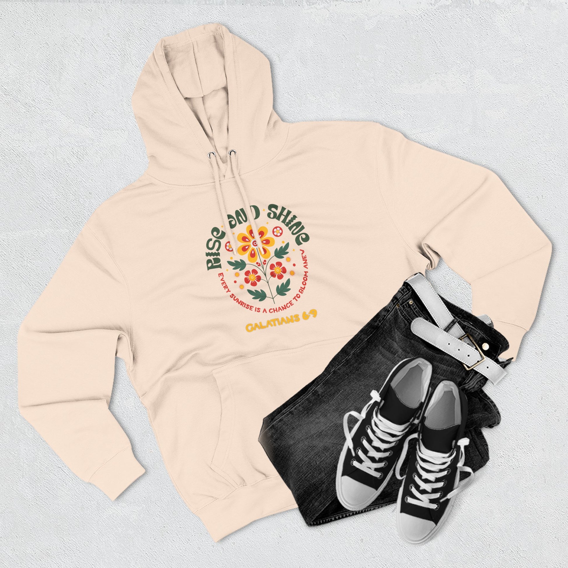 Floral Rise and Shine Hoodie, Cozy Fleece Sweatshirt, Boho Casual Wear, Spring Outfit, Gift for Nature Lovers, Trendy Hooded Sweatshirt