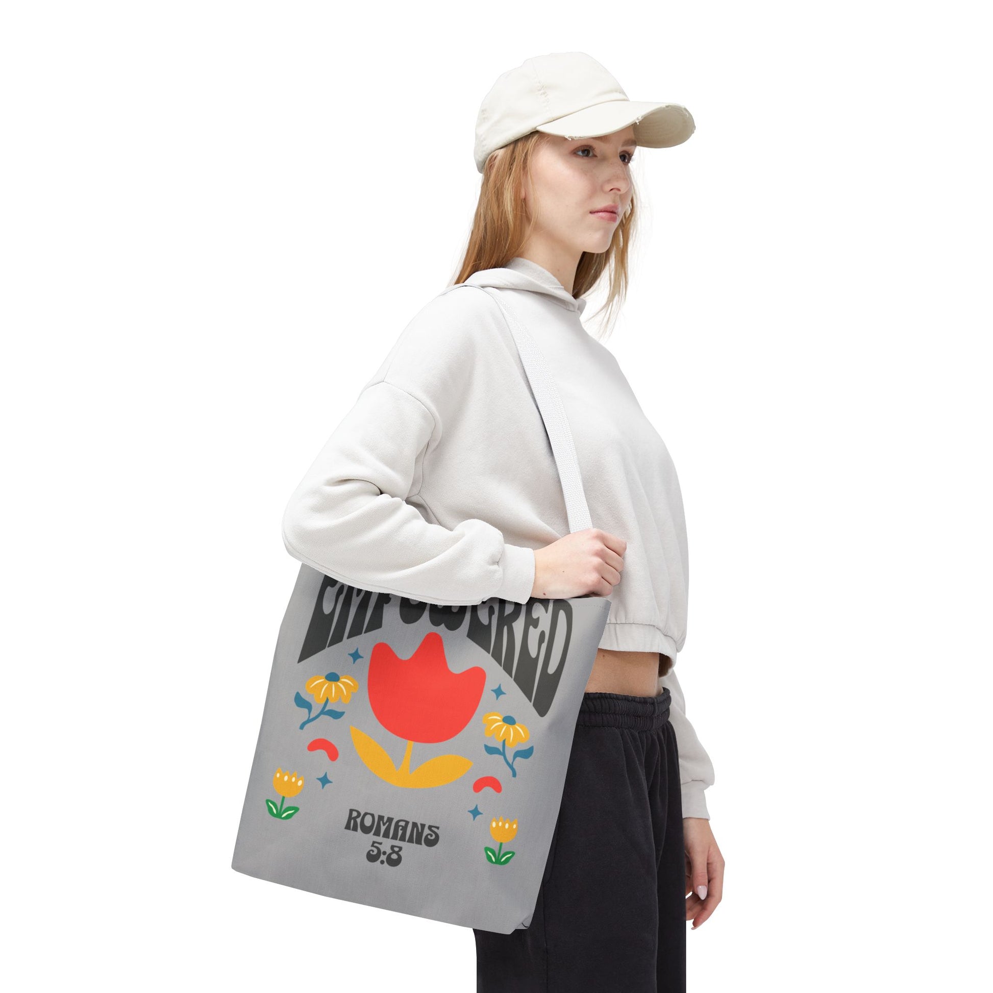 Empowered Floral Tote Bag | Inspirational Canvas Bag for Everyday | Romans 5:8 | Gift for Women, Motivational, Church, Travel