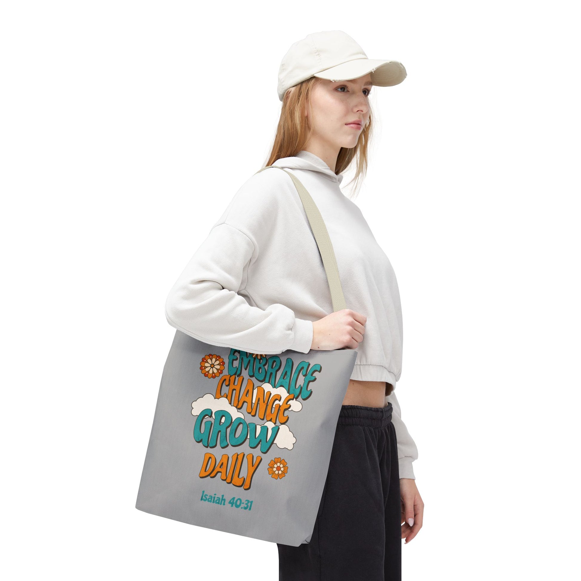 Inspirational Tote Bag, Motivational Bag, Embrace Change Gift, Daily Growth Tote, Christian Quotes Accessory