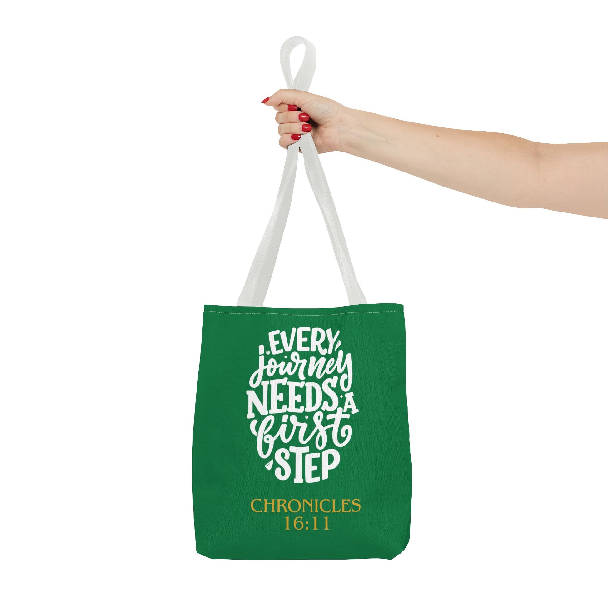Inspirational Tote Bag - Every Journey Needs a First Step, Motivational Gift, Bible Verse, Green Tote, Everyday Use