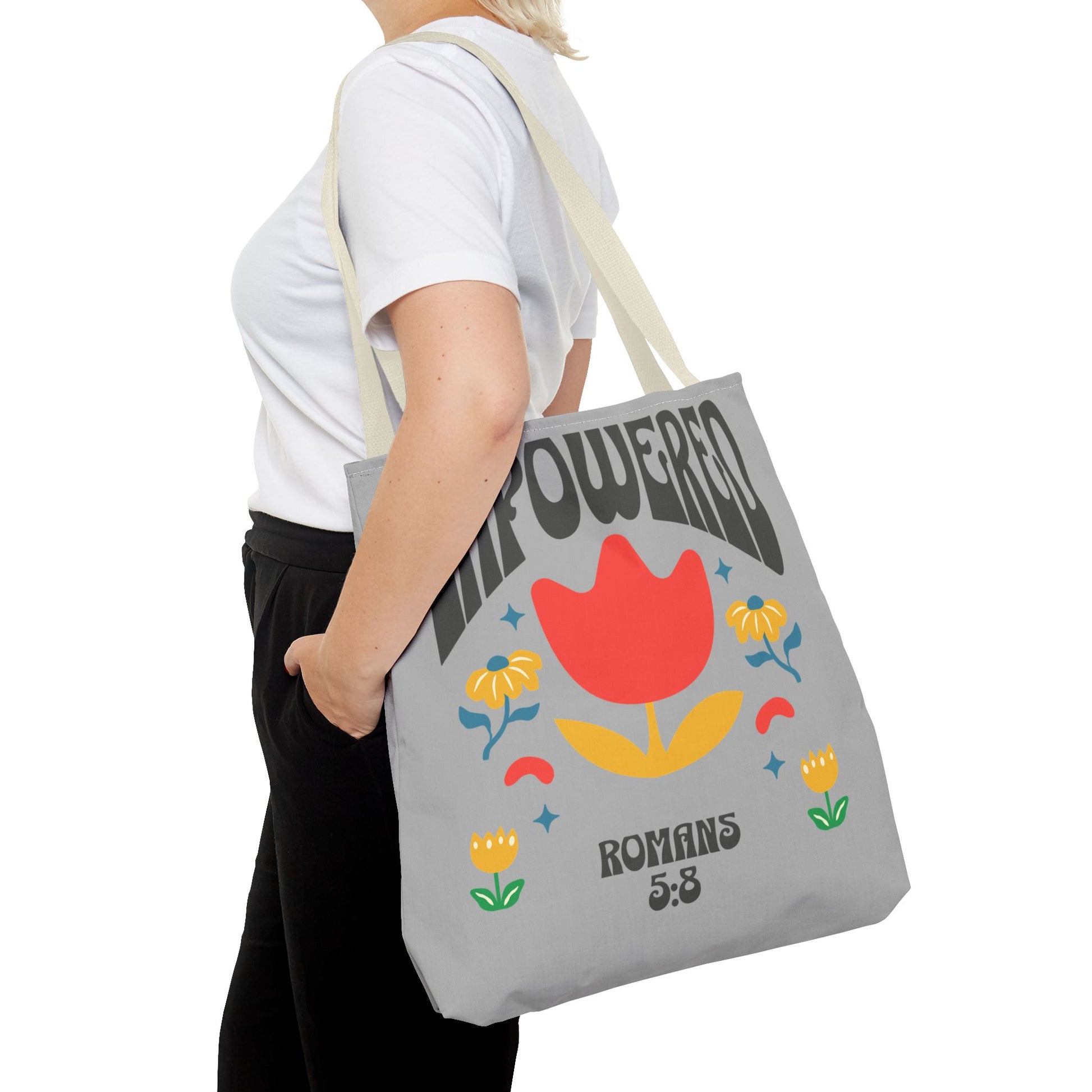 Empowered Floral Tote Bag | Inspirational Canvas Bag for Everyday | Romans 5:8 | Gift for Women, Motivational, Church, Travel