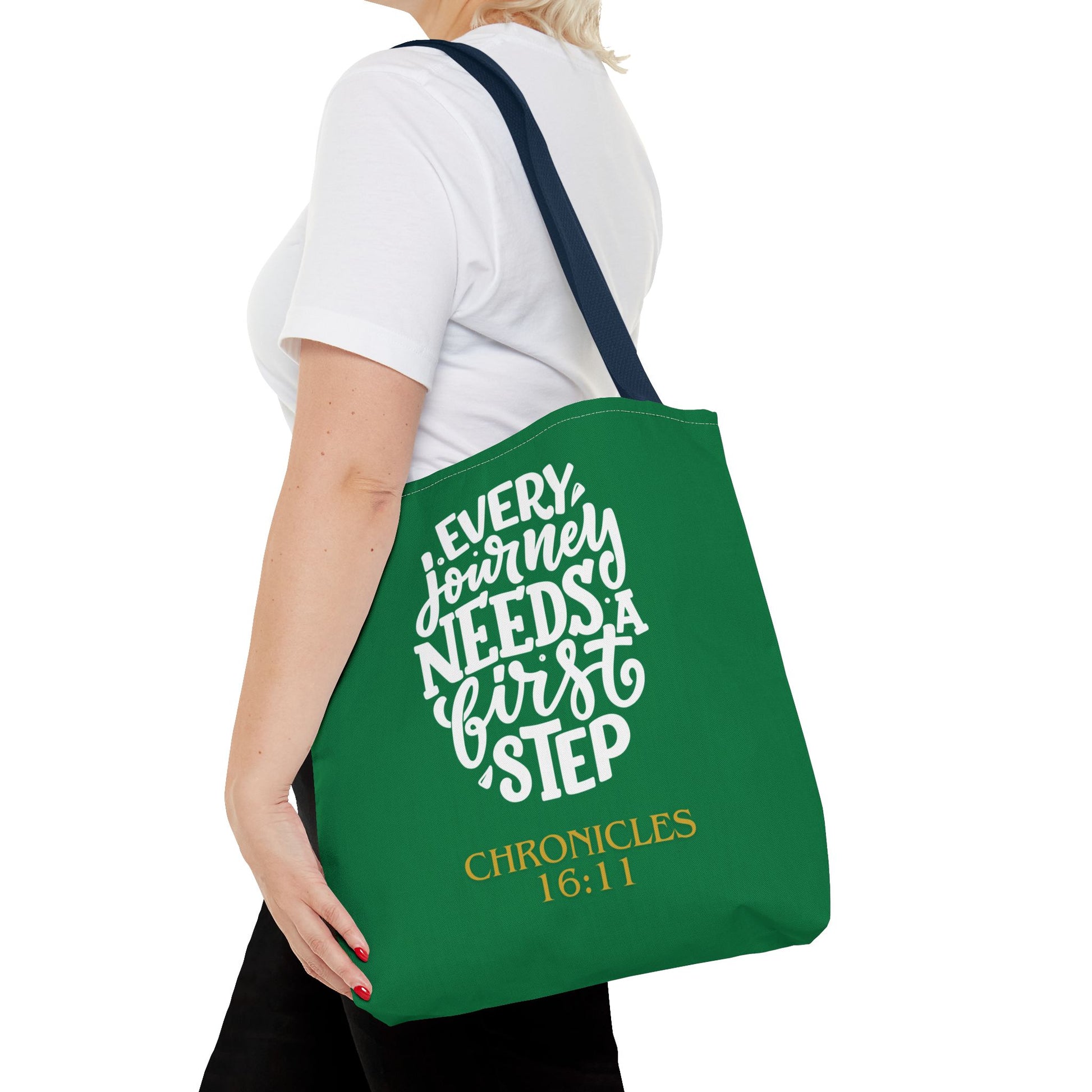Inspirational Tote Bag - Every Journey Needs a First Step, Motivational Gift, Bible Verse, Green Tote, Everyday Use
