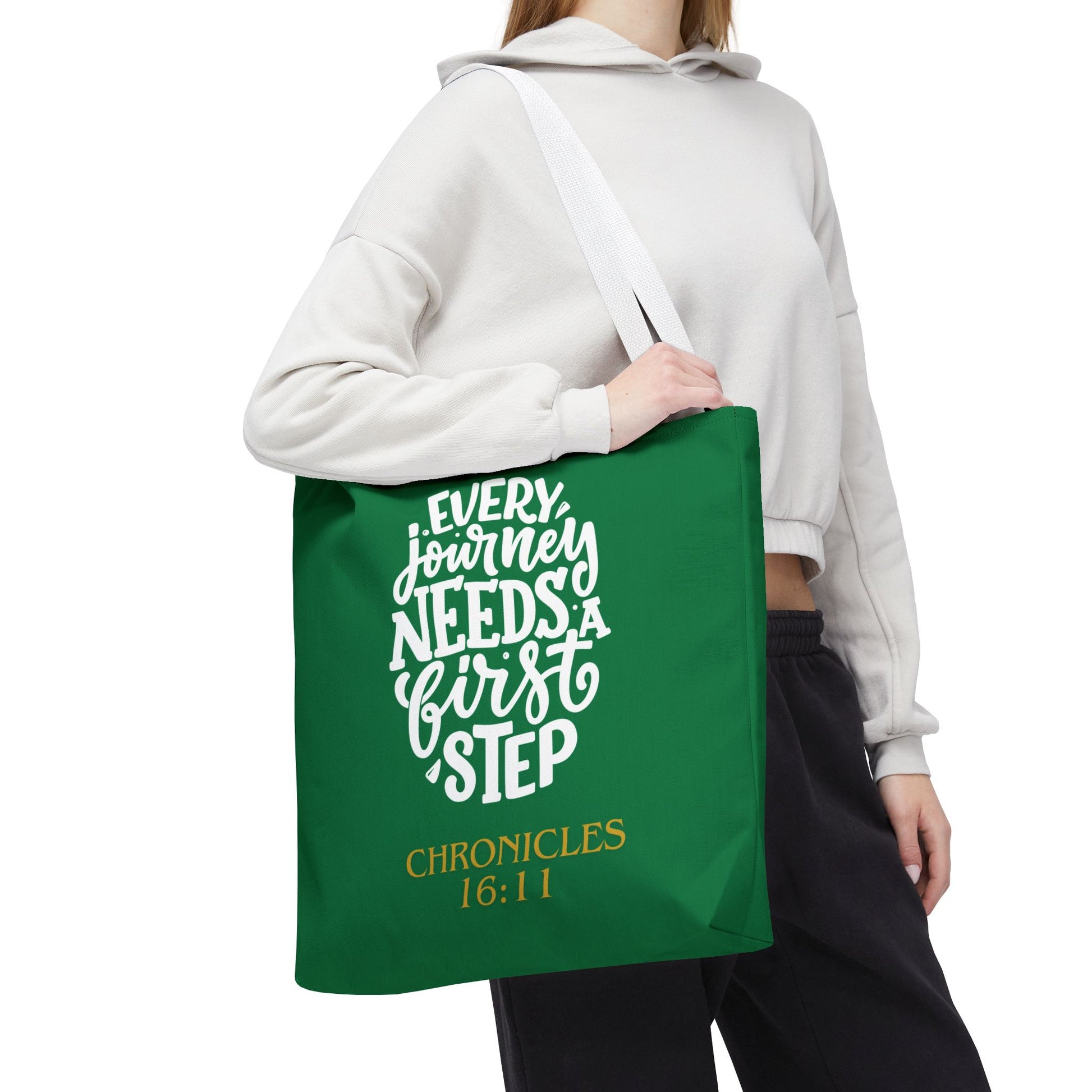 Inspirational Tote Bag - Every Journey Needs a First Step, Motivational Gift, Bible Verse, Green Tote, Everyday Use
