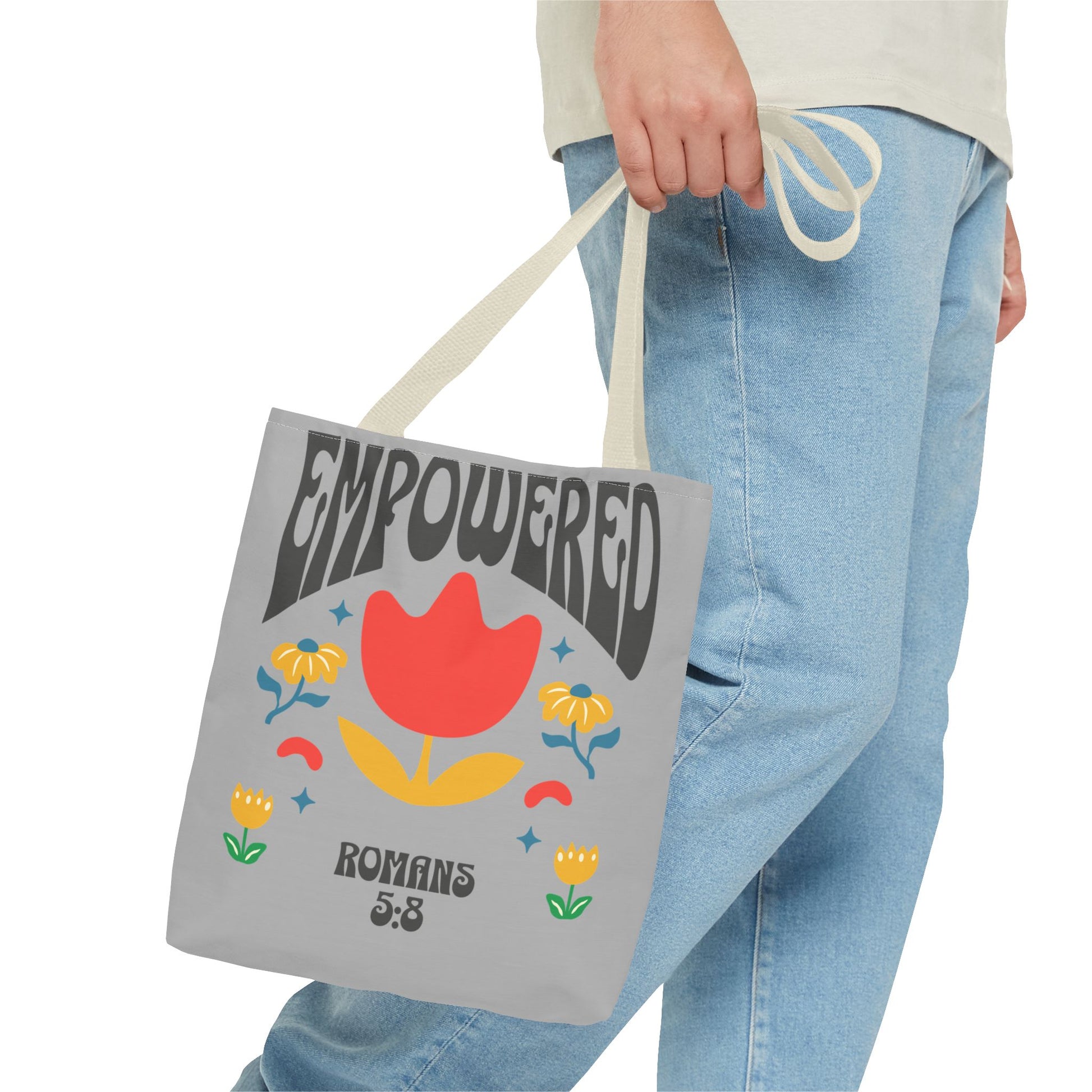 Empowered Floral Tote Bag | Inspirational Canvas Bag for Everyday | Romans 5:8 | Gift for Women, Motivational, Church, Travel